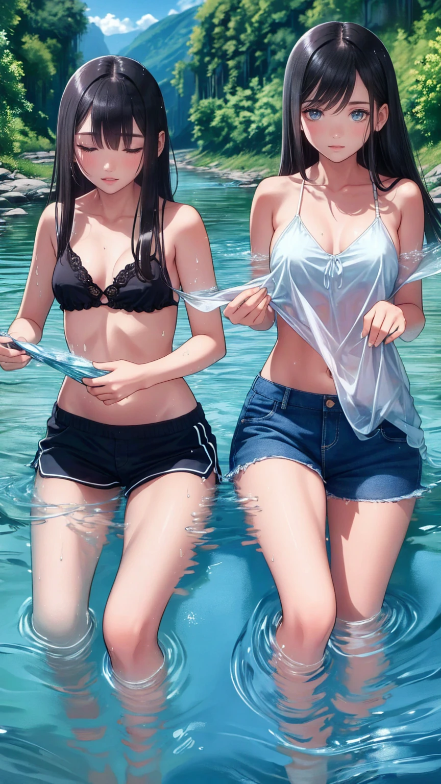 masterpiece, best quality, 2girls, ite, slim, flat chest, school shirt uniform, white panties, bottom, from behind, bathe in a forest lake, run in water, smile, laugh, fun, summer, warm, soft light, bright, watercolor
