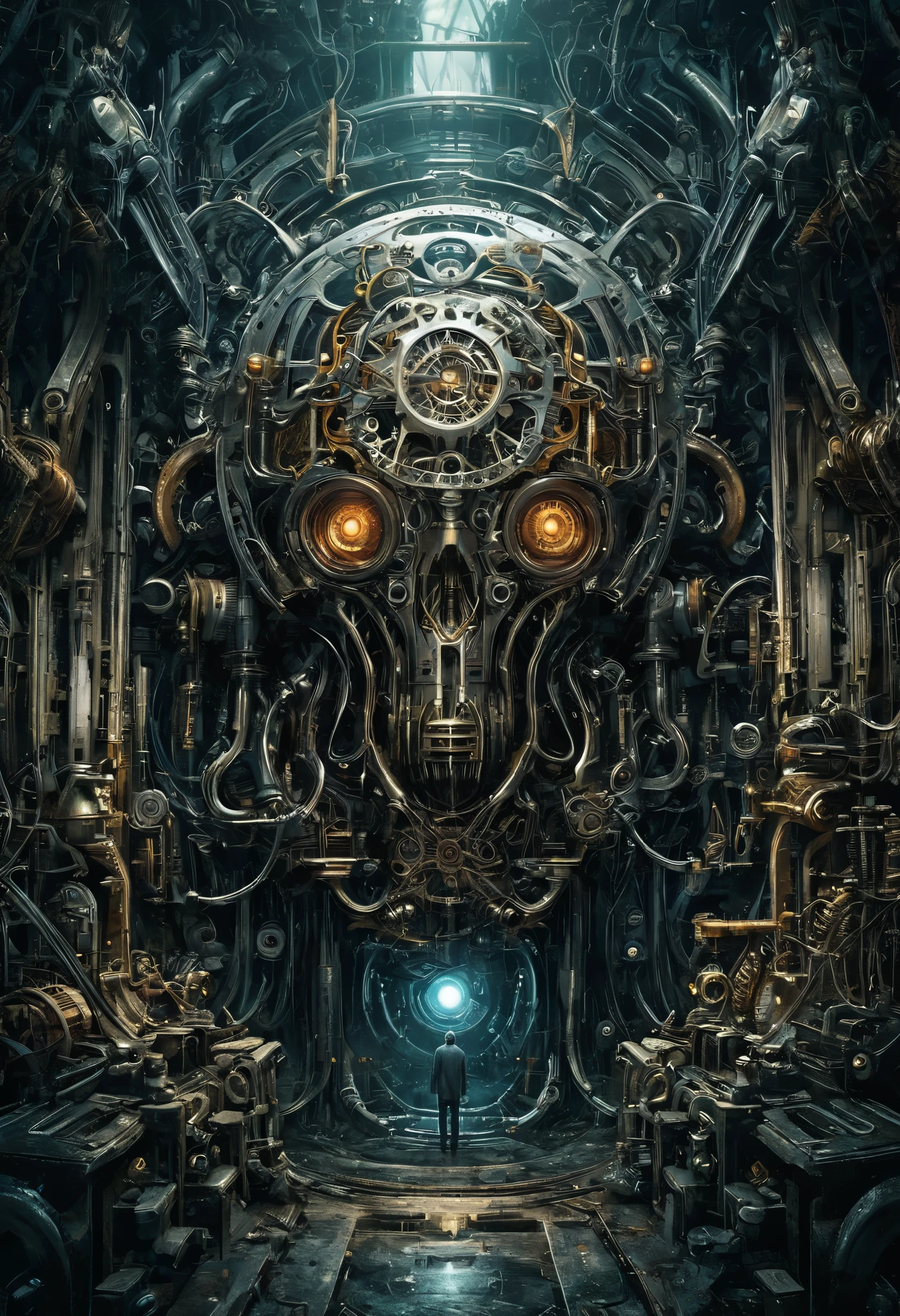  place of fear in the quantum world. Perfect illustration of mechanical biomorphism ,  horror art .  Intricate Details,  maximalist perfect illustration ,  Digital Painting Art