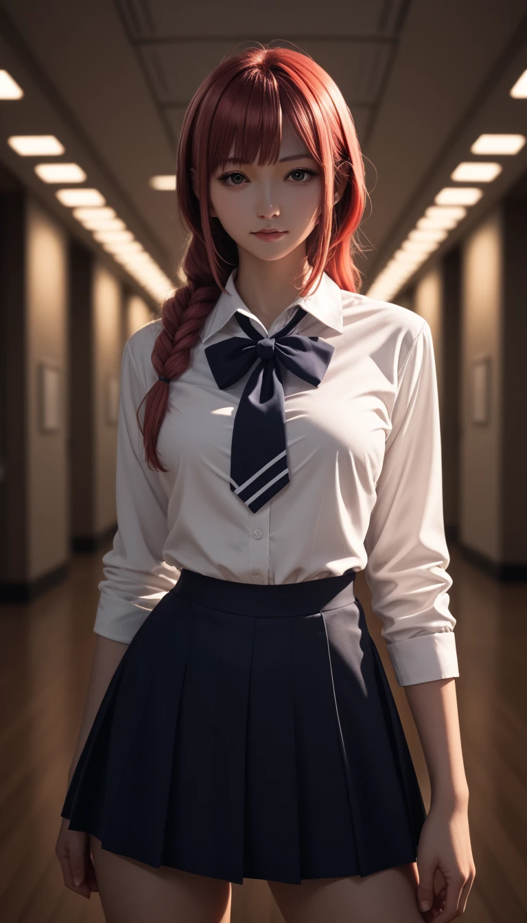 pretty japanese girl,         medium breasts, with healthy appearance ,  The expression would be      ,      tight clothing  , Bold pose, ,            high quality, 8k,              realistic photo           ,             dramatic lighting       ,              vivid colors             ,(             masterpiece             ,              principal quality            ,  :1.2),  (         Tokyo scene illuminated at night        ), (Alone:1.4), (               Elegant and cool            ),              Bright neon details              :1.3), (    :1.1) ,               Confident and relaxed poses                :1.3)   , (             dynamic lighting             ,   Strong contrast, makima personagem de chainsawman,               long hair   ,          light red hair ,   Tied hair to bring 2 locks in the front,   tight clothing sexy, short skirt ,Top everything ,