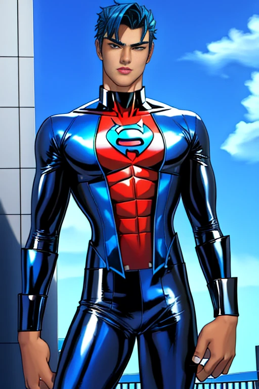  cool latex superhero boy,   teenager  ,   tall  ,  beautiful skin, I'm a superhero 、I have a beautiful body ,  hero costume, An attractive, sober young man  ,  Slim and Muscular  ,  and my skin is tanned