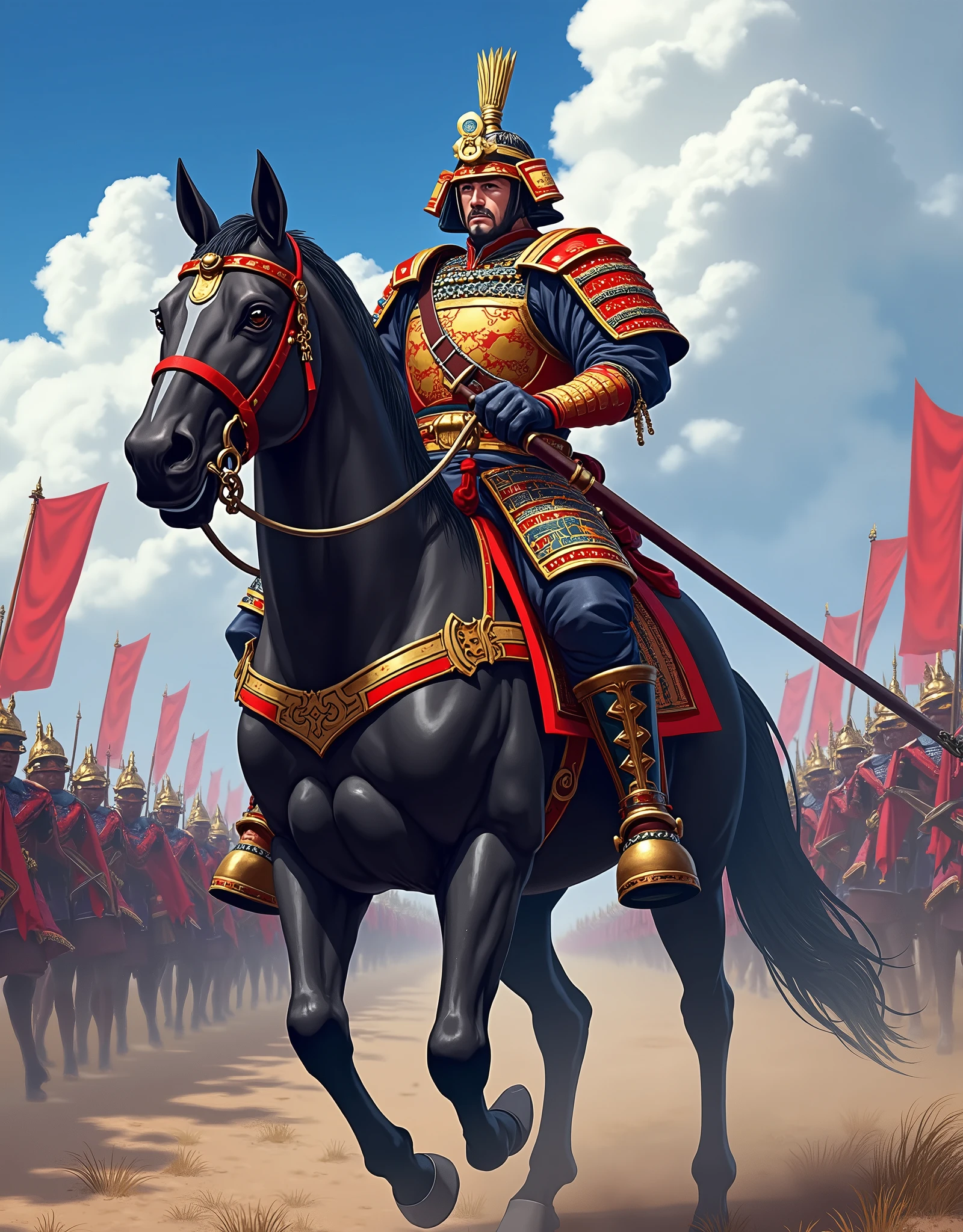  Legendary Seii Taishogun Sakagami Tamuramaro, Vivid Armor Helmets ,  Straddling Horses and Commanding Battles ,  anime style , 