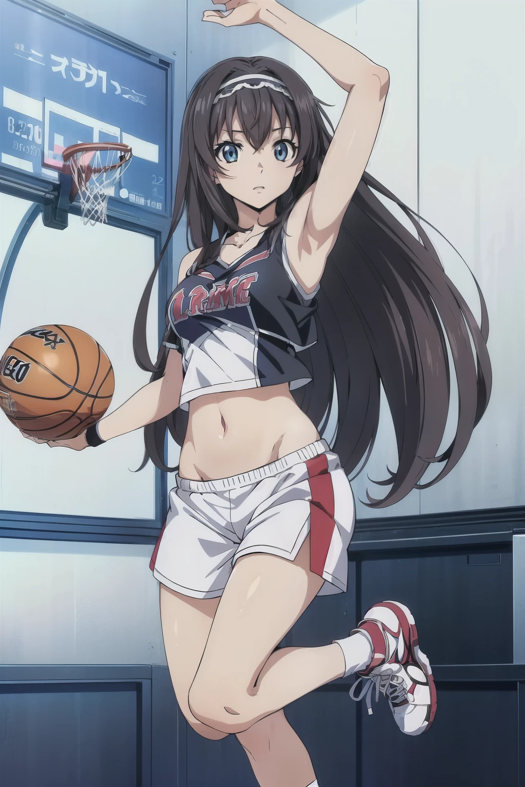 1 girl, cute, black hair, (hair band), masterpiece, (black basketball uniform, tank top/basketball uniform/half pants, dynamic movement, ball, sneakers), (jumping, dynamic posing), (in front of basketball teams in the high school gym), (anime cels style, Masterpiece, best quality, high resolution, anime colored, megami magazine:1.2, anime poster style, anime keyvisual, sharp, 8k, photorealistic), beautiful blue eyes, (perfect detailed anatomy, perfect arms, perfect fingers, beautiful face, perfect legs)