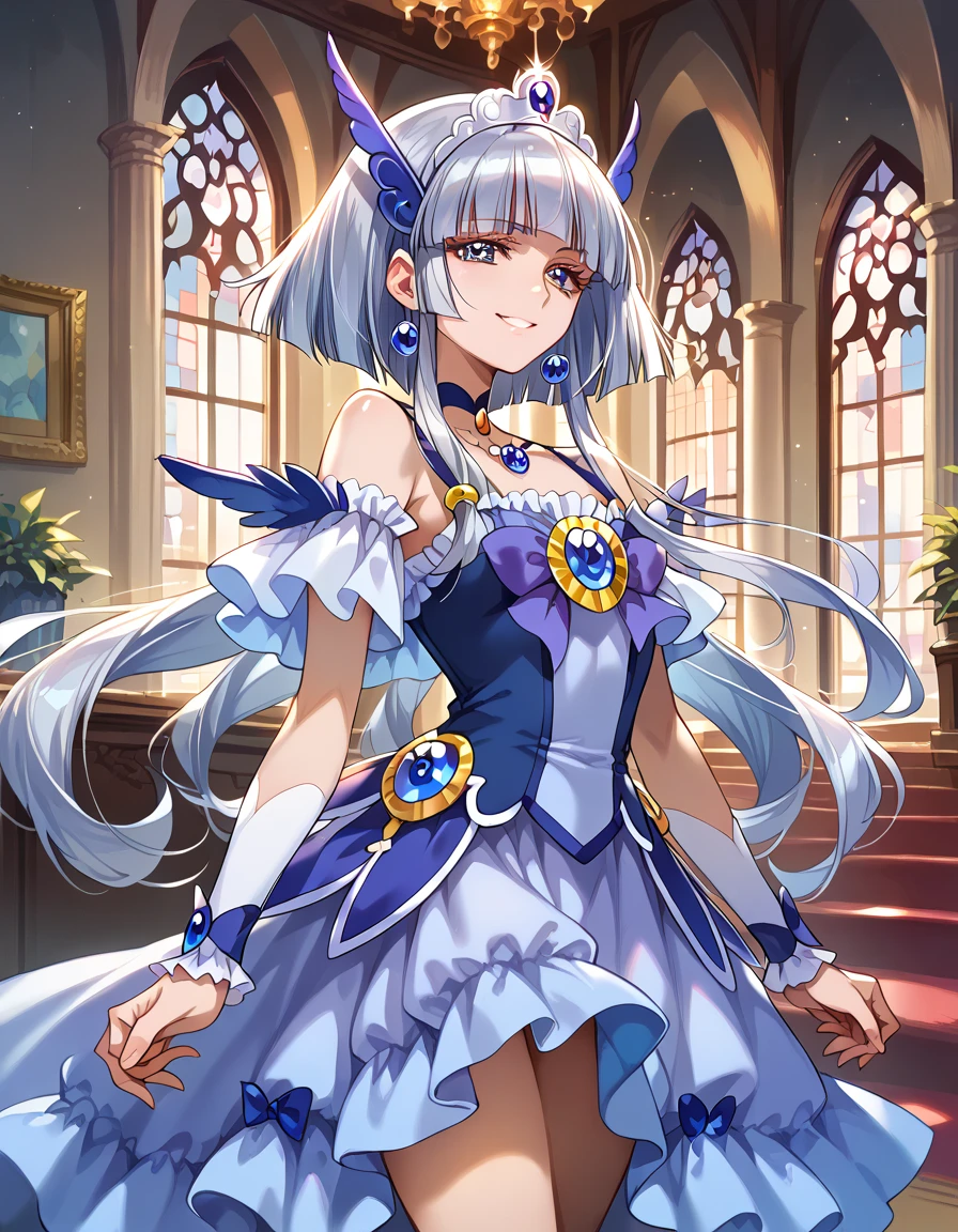   detailed background,  pubic skin ,   pose, rating safe,   Half Open Eyes , enchanting evil smile    , Cure Beauty ,,(   Very beautiful anime style:1.2),(   Silver Hair), cowboy shot showing shoulders, (  Evil Smiles :1.2),(Inside the research facility :1.6), 