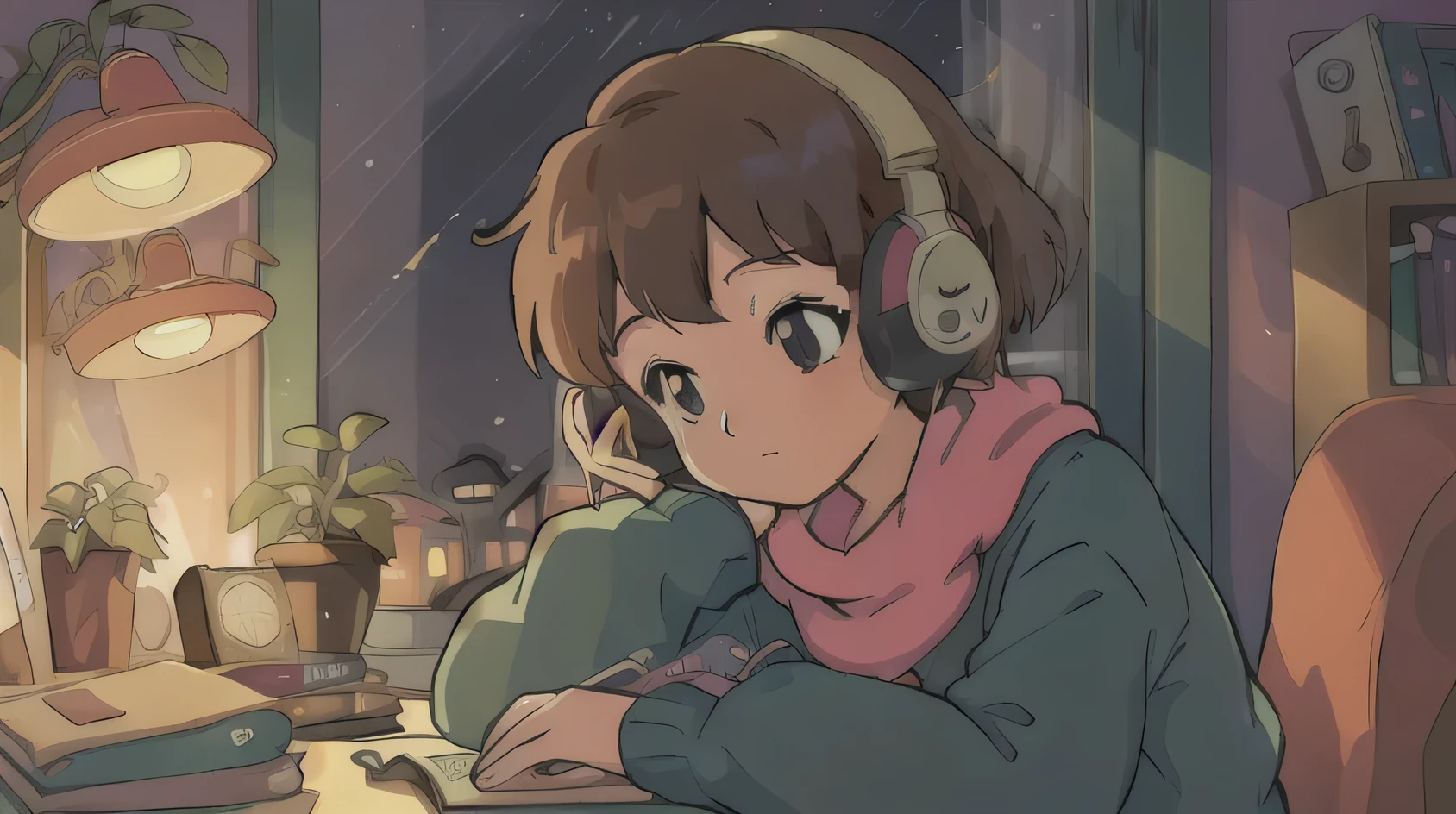 Girl listening to music in a cozy room at night, using headphones, 2D Anime style, Lo-fi aesthetic, soft lighting, digital art, warm colors, detailed background with books and plants, serene atmosphere, high quality, retro cartoon illustration by popular anime artists.
