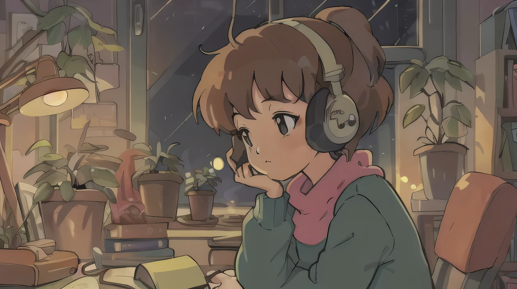 Girl listening to music in a cozy room at night, using headphones, 2D Anime style, Lo-fi aesthetic, soft lighting, digital art, warm colors, detailed background with books and plants, serene atmosphere, high quality, retro cartoon illustration by popular anime artists.
