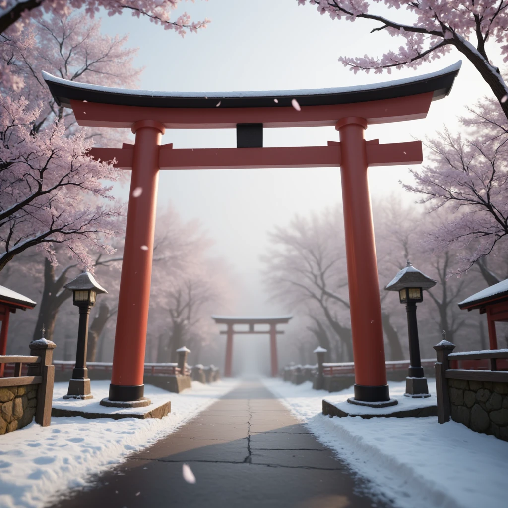 torii、snow、cherry blossoms