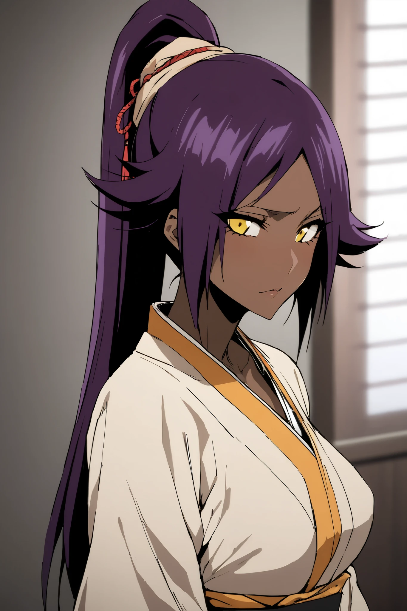 NSFW,masterpiece, top quality , High Definition , very detailed,Yoruichi Shihouin\(BLEACH\), long hair、 yellow eyes、 ponytail、Purple Hair、 dark skin 、 dark skin の女性, kimono,kimono