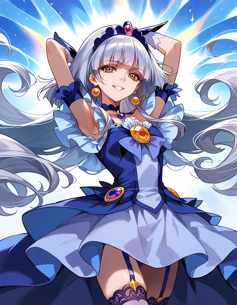   detailed background,  pubic skin ,   pose, rating safe,   Half Open Eyes , enchanting evil smile    , Cure Beauty ,,(   Very beautiful anime style:1.2),(   Silver Hair), cowboy shot showing shoulders, (  Evil Smiles :1.2),(In base facilities:1.6), 