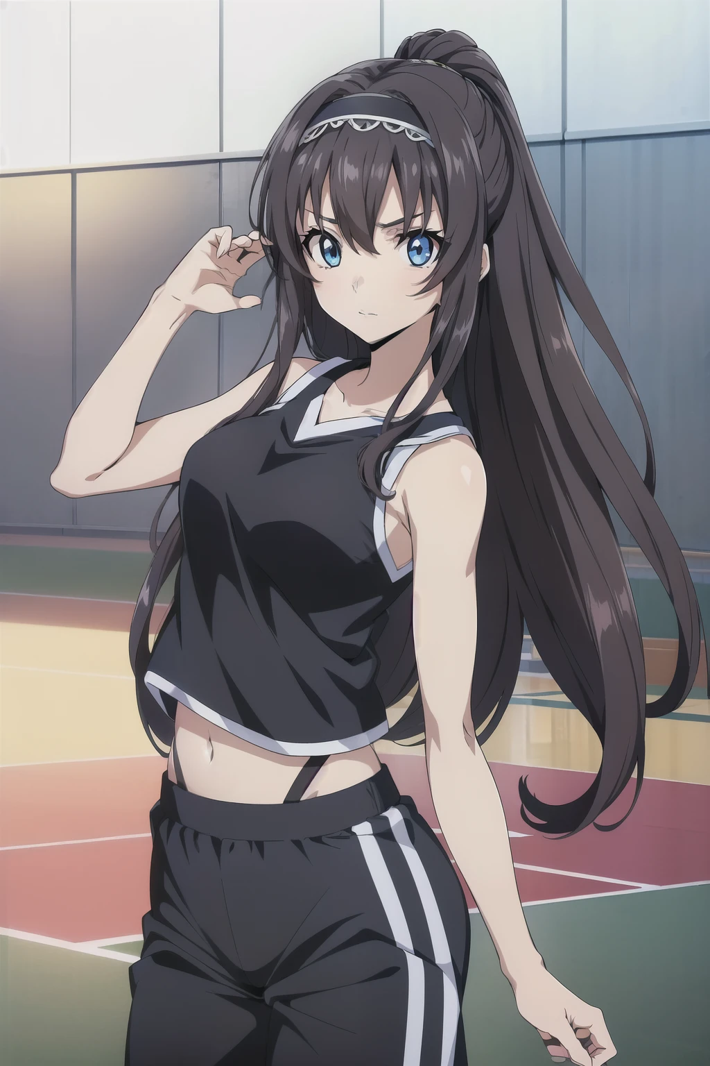 1 girl, cute, black long hair, (hair band), masterpiece, (black basketball uniform, tank top/half pants, dynamic movement, ball, sneakers), (jumping, dynamic posing), (in front of basketball teams in the high school gym), (anime cels style, Masterpiece, best quality, high resolution, anime colored, megami magazine:1.2, anime poster style, anime keyvisual, sharp, 8k, photorealistic), beautiful blue eyes, (perfect detailed anatomy, beautiful face)