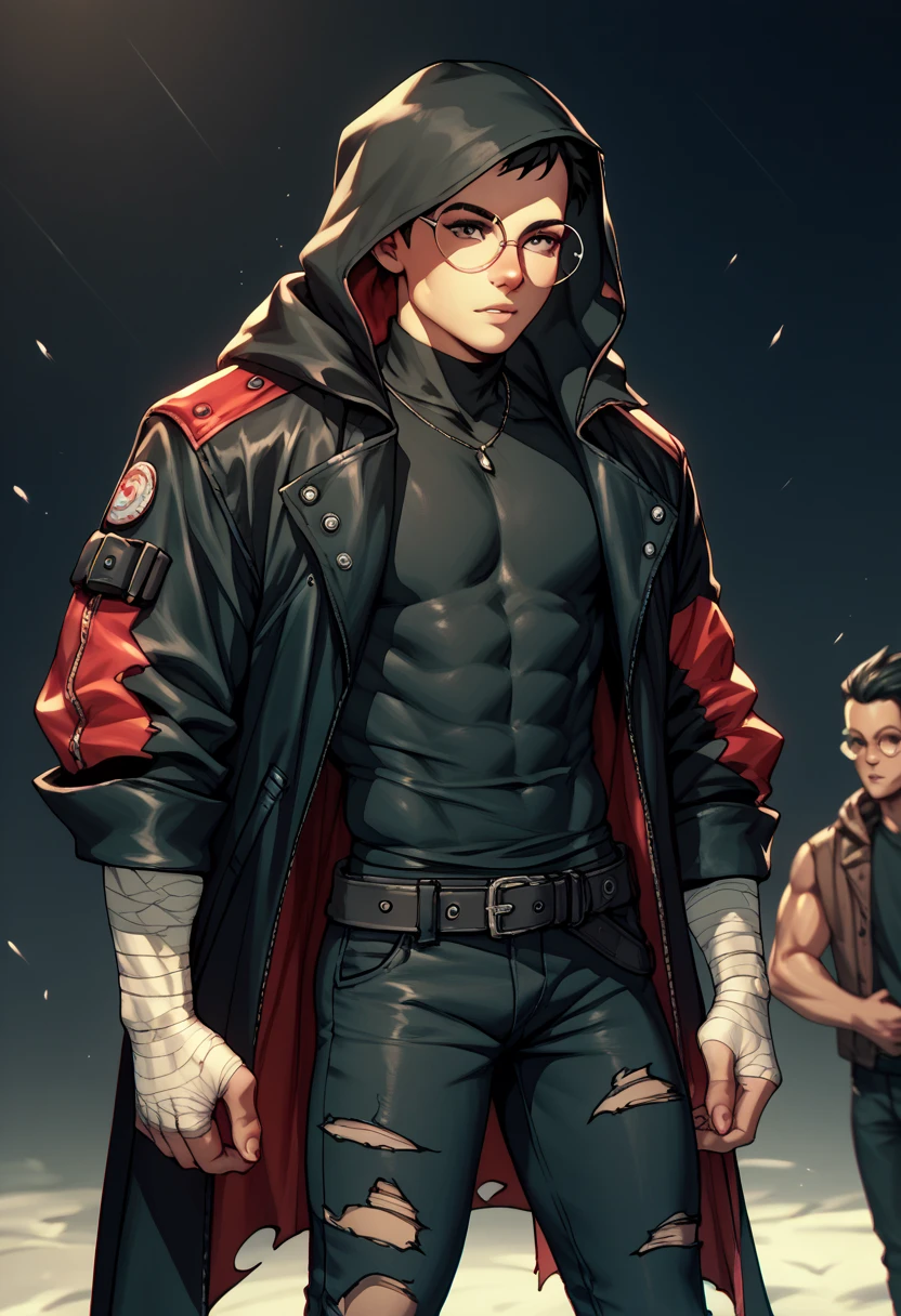  ,human Male , round Glasses ,(( hood up )), ((faceless)) , Torn red Coat  , Pants  , Black Clothing ,black face , Bandage  , Belt 