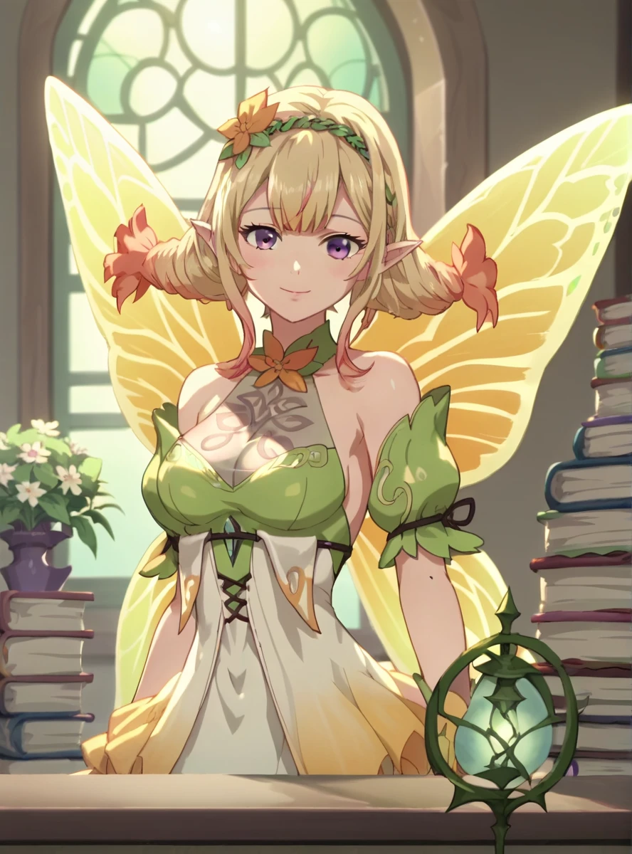 score_9, score_8_up, score_7_up, score_6_up, source_anime, ((anime screencap)), uncensored    peonyfe, 1girl, solo, wings, fairy wings, pointy ears, breasts, purple eyes, smile, , blonde hair, dress, multicolored hair, hair ornament indoors, sexy