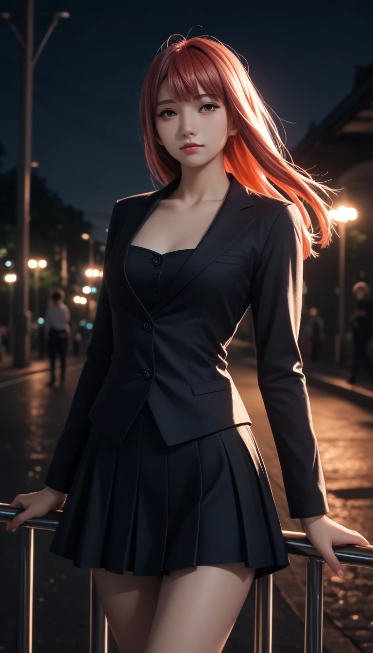 pretty japanese girl,          medium breasts, with healthy appearance ,  The expression would be       ,      tight clothes  , Bold pose, ,             high quality, 8k,               realistic photo            ,              dramatic lighting        ,               vivid colors              ,(              masterpiece              ,              main quality             ,  :1.2),  (         Tokyo scene illuminated at night        ), (Alone:1.4), (                Elegant and cool             ),               Bright neon details               :1.3), (    :1.1) ,                Confident and relaxed poses                 :1.3)   , (              dynamic lighting              ,   Strong contrast, makima personagem de chainsawman,                 long hair   ,           light red hair ,    Hair tied to bring 2 locks in the front,   tight clothes sexy, short skirt ,Top tube ,.