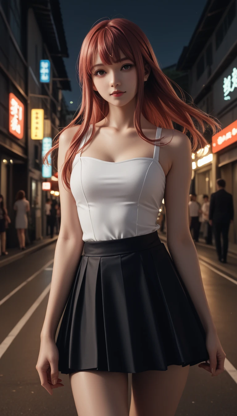 pretty japanese girl,          medium breasts, with healthy appearance ,  The expression would be       ,      tight clothes  , Bold pose, ,             high quality, 8k,               realistic photo            ,              dramatic lighting        ,               vivid colors              ,(              masterpiece              ,              main quality             ,  :1.2),  (         Tokyo scene illuminated at night        ), (Alone:1.4), (                Elegant and cool             ),               Bright neon details               :1.3), (    :1.1) ,                Confident and relaxed poses                 :1.3)   , (              dynamic lighting              ,   Strong contrast, makima personagem de chainsawman,                 long hair   ,           light red hair ,    Hair tied to bring 2 locks in the front,   tight clothes sexy, short skirt ,Top tube ,.