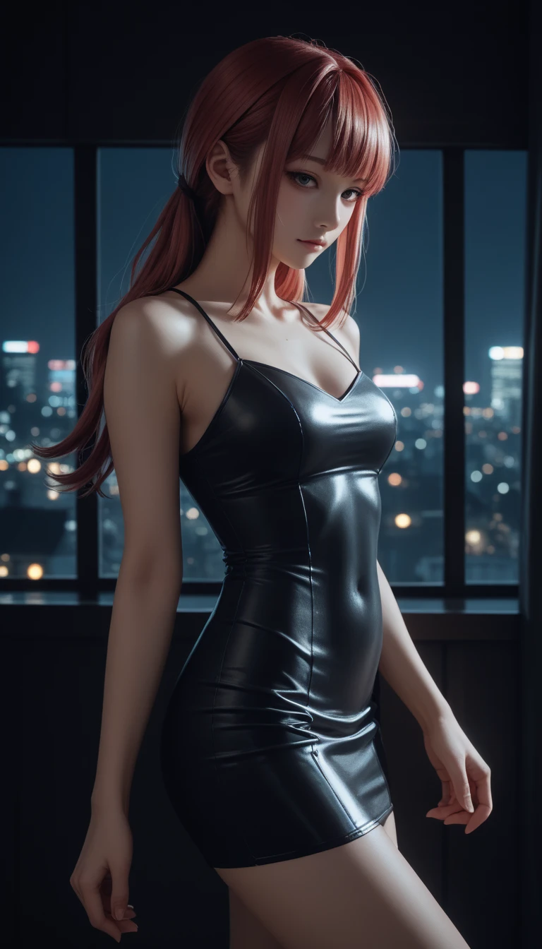 pretty japanese girl,          medium breasts, with healthy appearance ,  The expression would be       ,      tight clothes  , Bold pose, ,             high quality, 8k,               realistic photo            ,              dramatic lighting        ,               vivid colors              ,(              masterpiece              ,              main quality             ,  :1.2),  (         Tokyo scene illuminated at night        ), (Alone:1.4), (                Elegant and cool             ),               Bright neon details               :1.3), (    :1.1) ,                Confident and relaxed poses                 :1.3)   , (              dynamic lighting              ,   Strong contrast, makima personagem de chainsawman,                 long hair   ,           light red hair ,    Hair tied to bring 2 locks in the front,   tight clothes sexy, short skirt ,Top tube ,.