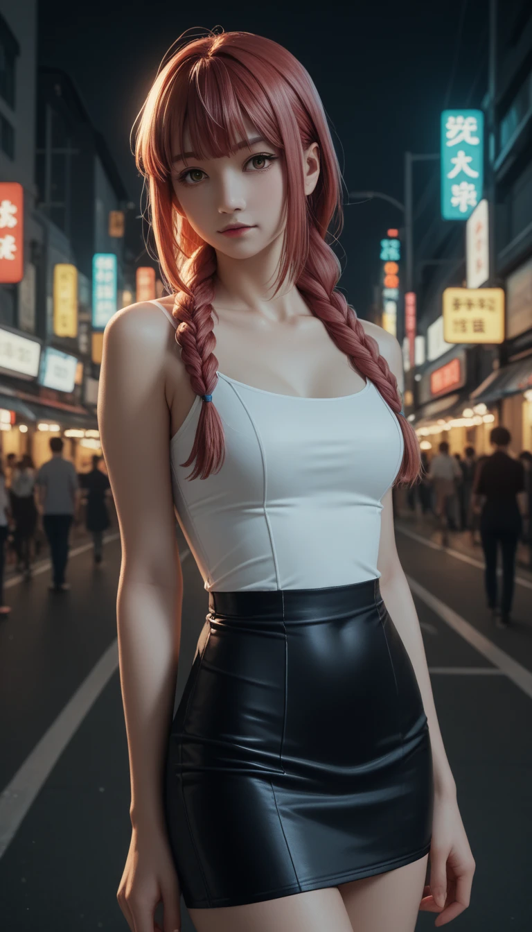 pretty japanese girl,          medium breasts, with healthy appearance ,  The expression would be       ,      tight clothes  , Bold pose, ,             high quality, 8k,               realistic photo            ,              dramatic lighting        ,               vivid colors              ,(              masterpiece              ,              main quality             ,  :1.2),  (         Tokyo scene illuminated at night        ), (Alone:1.4), (                Elegant and cool             ),               Bright neon details               :1.3), (    :1.1) ,                Confident and relaxed poses                 :1.3)   , (              dynamic lighting              ,   Strong contrast, makima personagem de chainsawman,                 long hair   ,           light red hair ,    Hair tied to bring 2 locks in the front,   tight clothes sexy, short skirt ,Top tube ,.