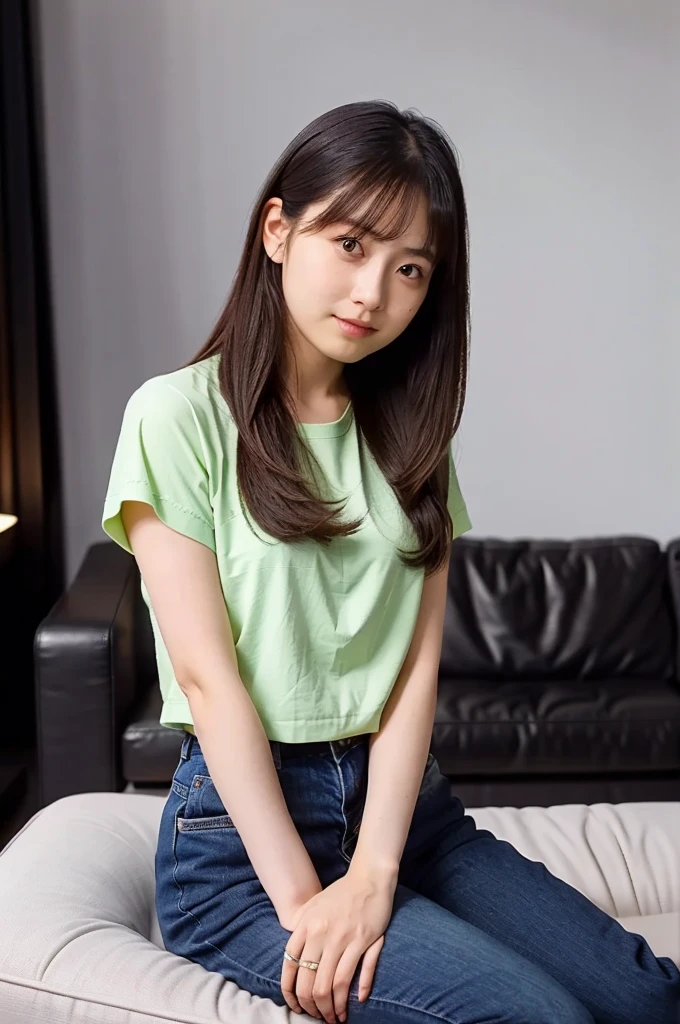 (masterpiece, best quality, perfect anatomy, highres, 8k, realistic, photorealistic, natural skin texture, no makeup:1.2), (night, darkness:1.5), 1girl, solo, Japanese, age20, female university student, very cute, (large breasts), sitting on a modern sofa, (wearing a sensual outfit that complements her youthful charm:1.2), Her legs are crossed, and her posture is relaxed, Warm lamp light illuminates her, adding depth and softness to her figure, The background is minimal, keeping the focus on her, Vertical composition, jp idol, inugao