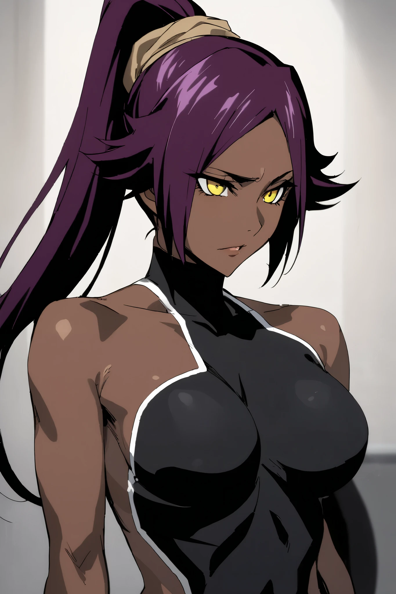 NSFW,masterpiece, top quality , High Definition , very detailed,Yoruichi Shihouin\(BLEACH\), long hair、 yellow eyes、 ponytail、Purple Hair、 dark skin 、 dark skin の女性, Bodysuit 、黒の Bodysuit 、No arms、No shoulders