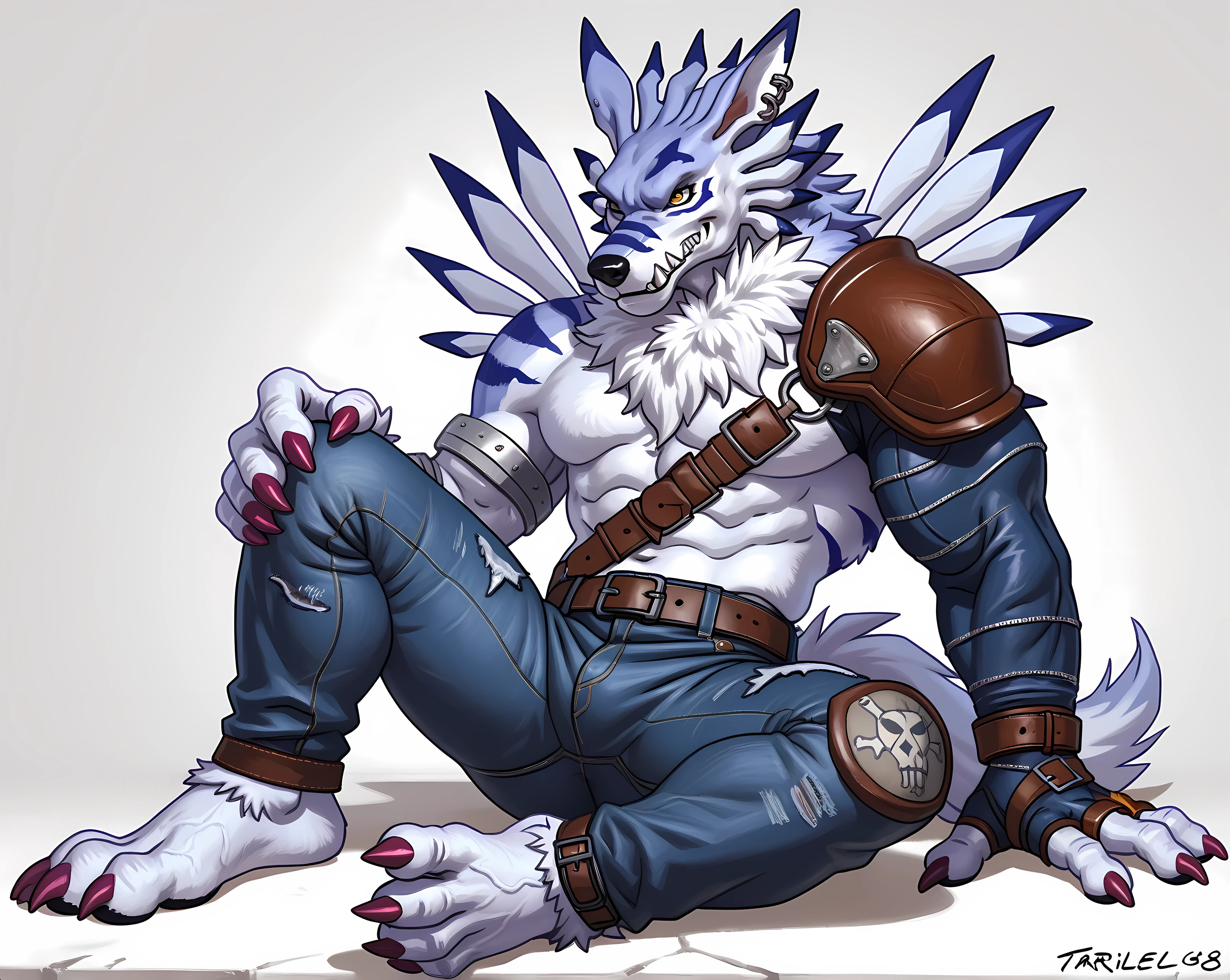 weregarurumon, simple background, detailed, full body, by wfa, by taran fiddler, (very heavyweight, muscular, very muscular, very bulging arms, very bulging muscles):1.5, showing feet, bare feet, wolf feet, very big feet, big head, sitting, legs spread, feet raised, tight jeans, belt, shoulder pad, sleeve, strap over chest