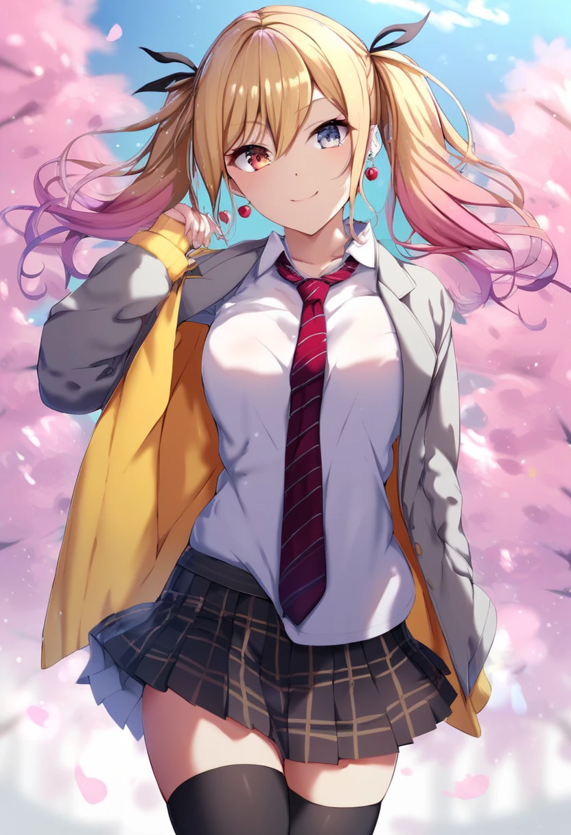 score_9_up, score_8_up, score_7_up,score_6_up, score_5_up, score_4_up , 1girl, solo, ((SPLIT-COLOR HAIR)), heterochromia, lisaimai, long hair, ponytail, grey eyes, earrings, school uniform, striped necktie, brown necktie, collared shirt, grey jacket, long sleeves, plaid skirt, pleated skirt,short skirt, brown skirt, saki, blonde hair, long hair, pink hair, gradient hair, red eyes, twintails, 1girl, solo, bangs, hair between eyes, collarbone, collared shirt, yellow jacket, red necktie, loose nectie, white shirt, striped necktie, black thighhighs, black skirt, miniskirt, layered skirt, black ribbon, zettai ryouiki, saki_unit, flirting, cowboy shot, cherry blossom background