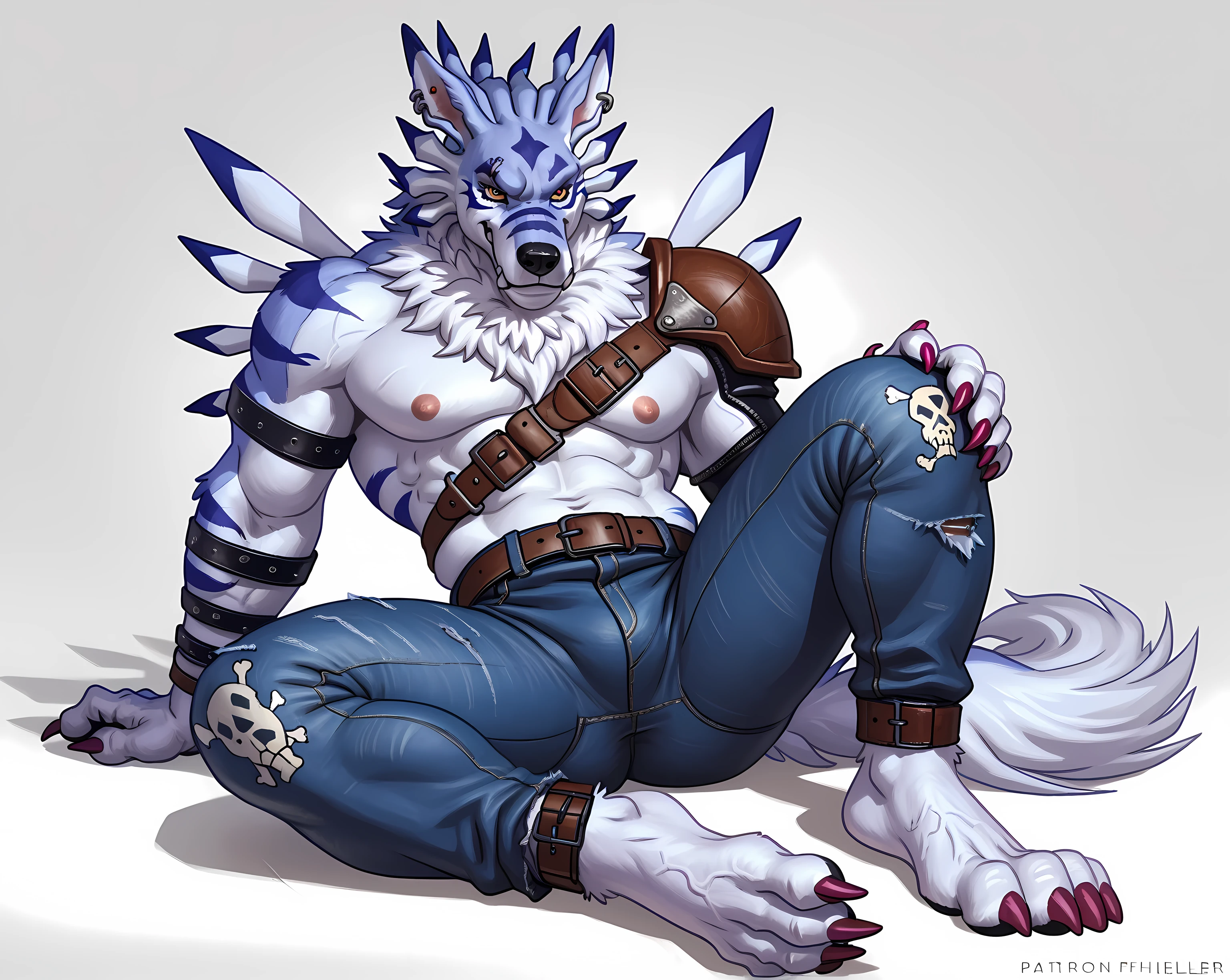 weregarurumon, simple background, detailed, full body, by wfa, by taran fiddler, (very heavyweight, muscular, very muscular, very bulging arms, very bulging muscles):1.5, showing feet, bare feet, wolf feet, very big feet, big head, sitting, legs spread, feet raised, tight jeans, belt, shoulder pad, strap over chest