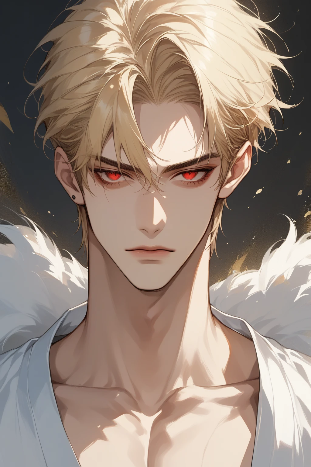 (score_9, score_8_up), short hair, masterpiece, best quality, 1 man , blonde hair , perfect face , red eye , handsome male , Alone, adult male , upper body , delicate line drawingimpasto, masterpiece, high resolution, Top quality, unique , 1 male , nice , tanned skin , blonde haired, villain