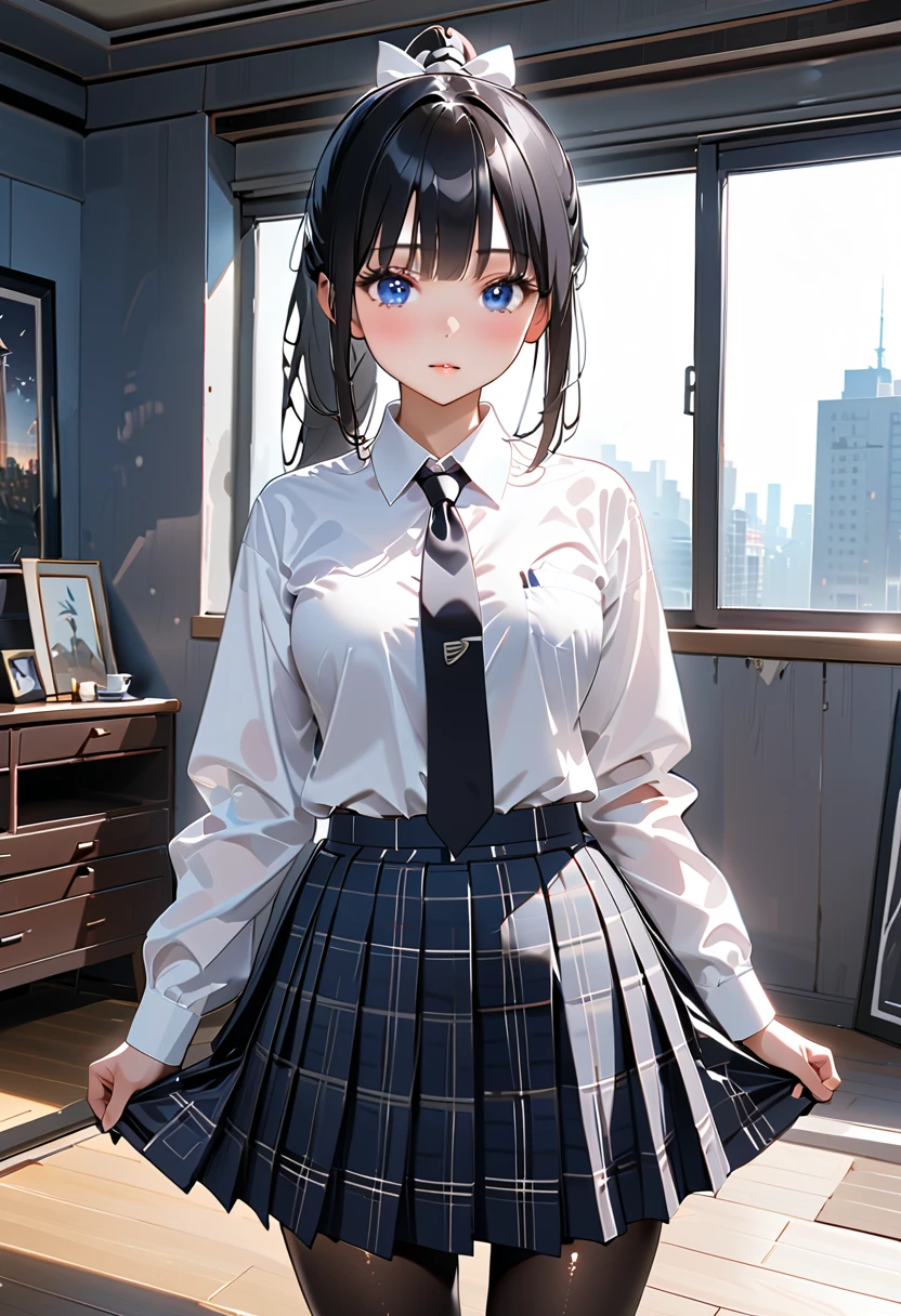8K, Attractive, intensely detailed, 20 Year Old Girl, sexy and attractive woman with dark, black curly hair. Messy side bun, bright colored strand in hair, She has beautiful sky-blue eyes with a heart inside. She is dressed in white, short and unbuttoned shirt. She is wearing a blue miniskirt. Her skirt is lifted up, and from under the skirt we see sexy, black lace panties with bow.