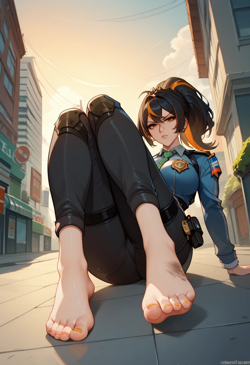 source_anime, anime screencap,8k, absurdo res, Zhu yuan, 1 girl, solo, black hair, orange locks hair, long sleeves, green mecktie, police uniform, (ponytail hair), barefoot, soles, feet, toes, feet focus, sitting on floor, building, outdoors, big breasts, wide hips, frown, parted lips, seductive look, feet up, legs up, sunset, dirty feet, dirty soles, long pants