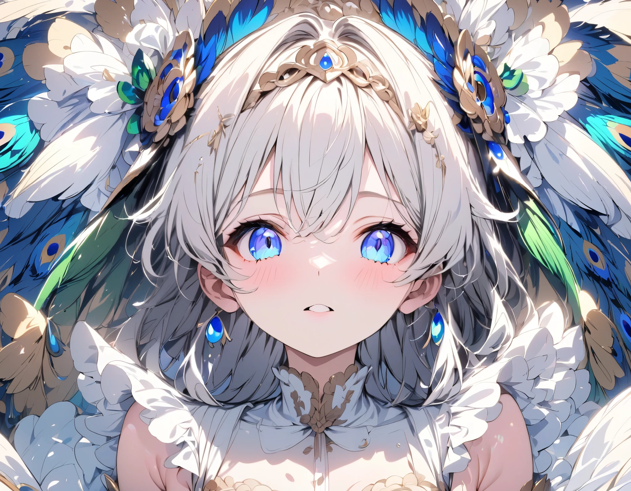 (((Best quality, 8k, Masterpiece: 1.3)), ((best quality)), ((masterpiece)), (detailed), perfect face, (detailed skin:1.3), Girl with peacock feathers, Peacock feathers spread wide