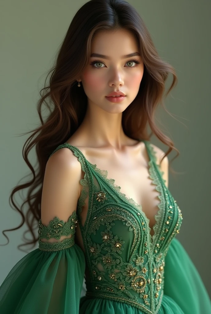 (8k, RAW photo, best quality, masterpiece:1.2), (realistic, photo-realistic:1.37),1girl, dress, green eyes, long hair, ultra detail cloth, beautiful decoration on dress,,