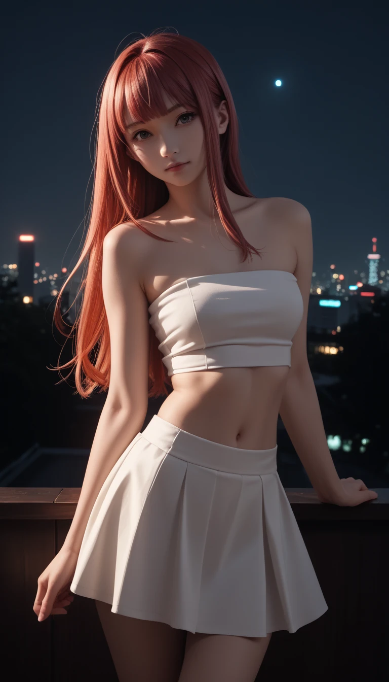 pretty japanese girl,           medium breasts, with healthy appearance ,  The expression would be        ,       tight clothing  , Bold pose, ,              high quality, 8k,                realistic photo             ,               dramatic lighting         ,                vivid colors               ,(               masterpiece               ,              main quality              ,  :1.2),  (         Tokyo scene illuminated at night        ), (Alone:1.4), (                 Elegant and cool              ),                Bright neon details                :1.3), (    :1.1) ,                 Confident and relaxed poses                  :1.3)   , (               dynamic lighting               ,   Strong contrast, makima personagem de chainsawman,                   long hair   ,            light red hair ,     Hair tied to bring 2 locks in the front,   sexy clothes, short skirt ,Tube top,.  belly out ,.