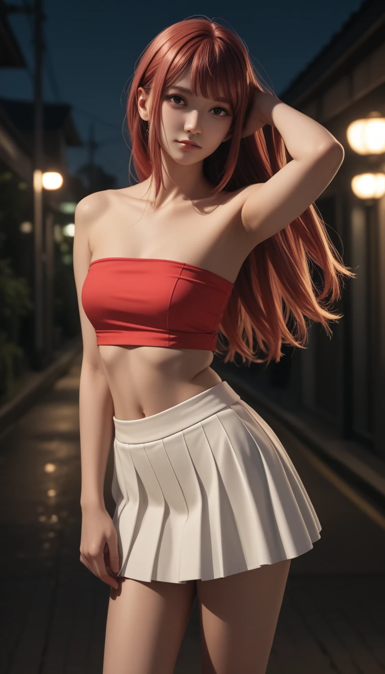 pretty japanese girl,           medium breasts, with healthy appearance ,  The expression would be        ,       tight clothing  , Bold pose, ,              high quality, 8k,                realistic photo             ,               dramatic lighting         ,                vivid colors               ,(               masterpiece               ,              main quality              ,  :1.2),  (         Tokyo scene illuminated at night        ), (Alone:1.4), (                 Elegant and cool              ),                Bright neon details                :1.3), (    :1.1) ,                 Confident and relaxed poses                  :1.3)   , (               dynamic lighting               ,   Strong contrast, makima personagem de chainsawman,                   long hair   ,            light red hair ,     Hair tied to bring 2 locks in the front,   sexy clothes, short skirt ,Tube top,.  belly out ,.