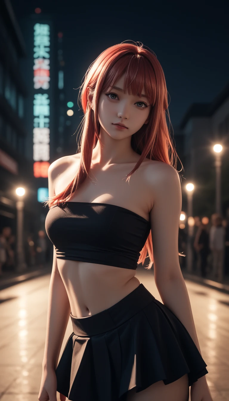 pretty japanese girl,           medium breasts, with healthy appearance ,  The expression would be        ,       tight clothing  , Bold pose, ,              high quality, 8k,                realistic photo             ,               dramatic lighting         ,                vivid colors               ,(               masterpiece               ,              main quality              ,  :1.2),  (         Tokyo scene illuminated at night        ), (Alone:1.4), (                 Elegant and cool              ),                Bright neon details                :1.3), (    :1.1) ,                 Confident and relaxed poses                  :1.3)   , (               dynamic lighting               ,   Strong contrast, makima personagem de chainsawman,                   long hair   ,            light red hair ,     Hair tied to bring 2 locks in the front,   sexy clothes, short skirt ,Tube top,.  belly out ,.