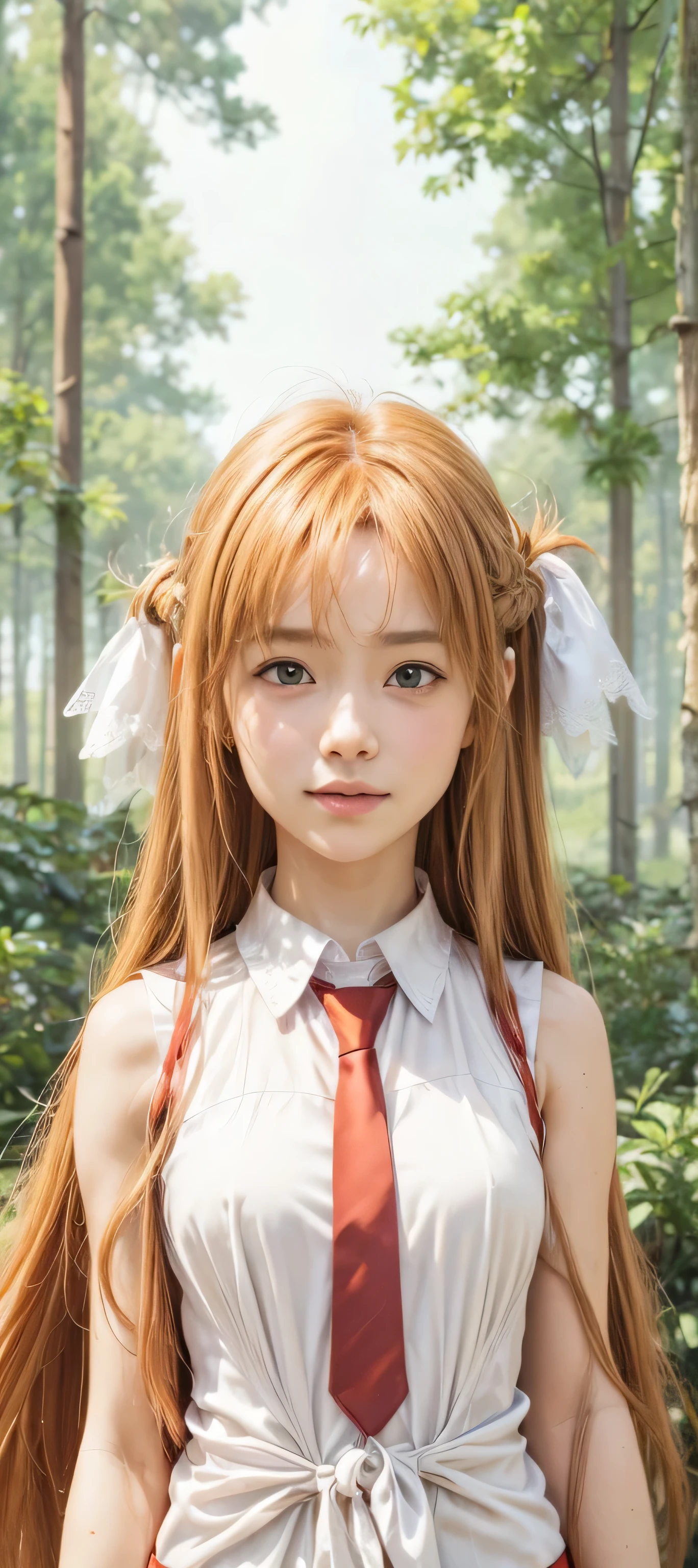 Realistic,masterpiece, best quality, (realistic,photo-realistic:1.4), (RAW photo:1.2),extremely detailed CG unity 8k wallpaper, delicate and beautiful, amazing,finely detail, official art, absurdres, incredibly absurdres, huge filesize, ultra-detailed,extremely detailed eyes and face, light on face,little smile,(caramel hair:1.3),long hair,(wearing tanktop:1.4),(small breast:1.3),swamp backgrounds,sidelocks,twintail,sunflower,asuka langley soryu