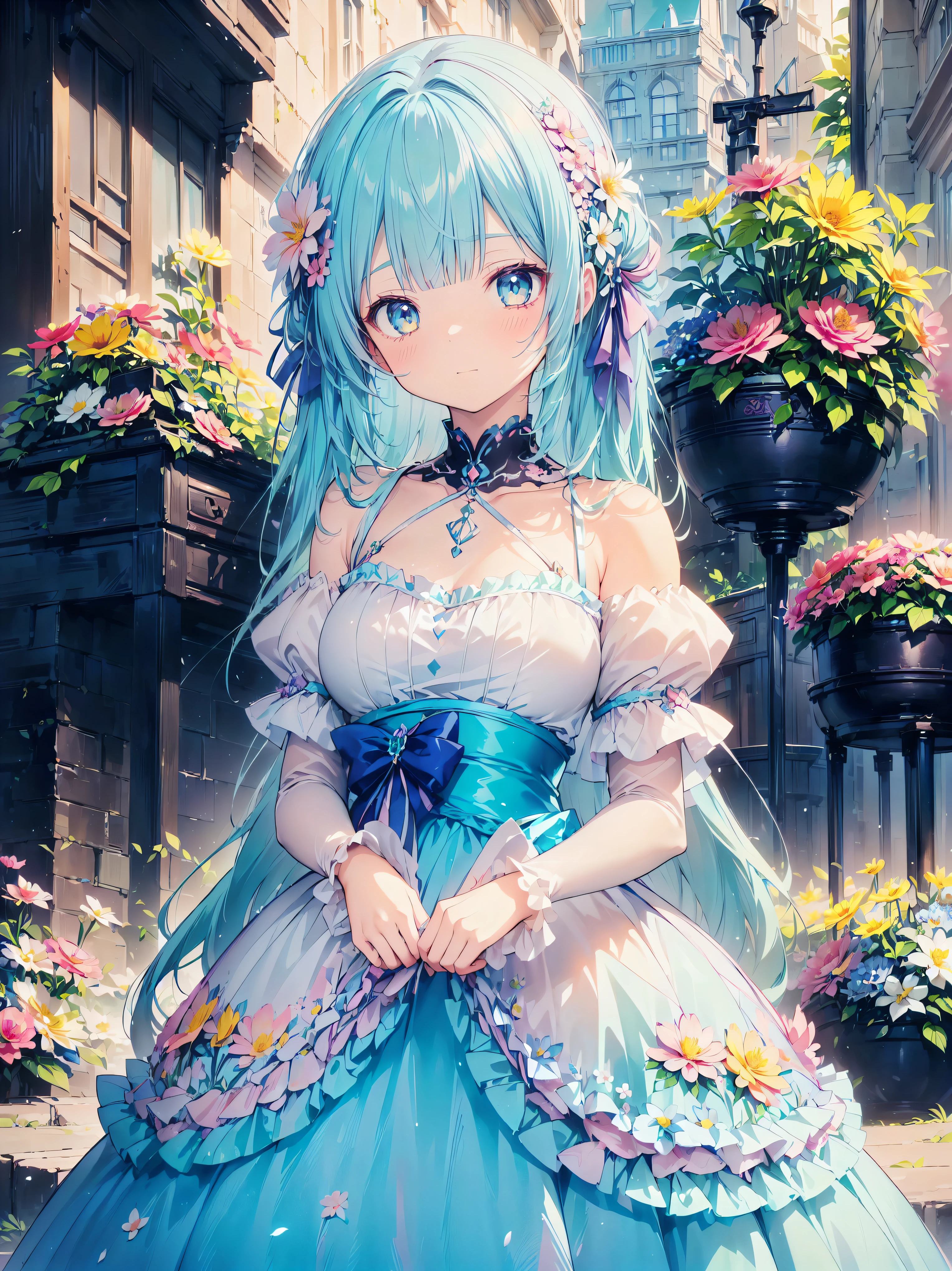 ((exquisite)), ((ultra detailed)), ((best quality)), Anime girl surrounded by flowers,  light blue hair, airy hair, (((A lot of colorful flowers))), cute顔, cute,  pastel color ,  Gothic Dress, caustics, super detailed skin, (anime moe art style:1.3),