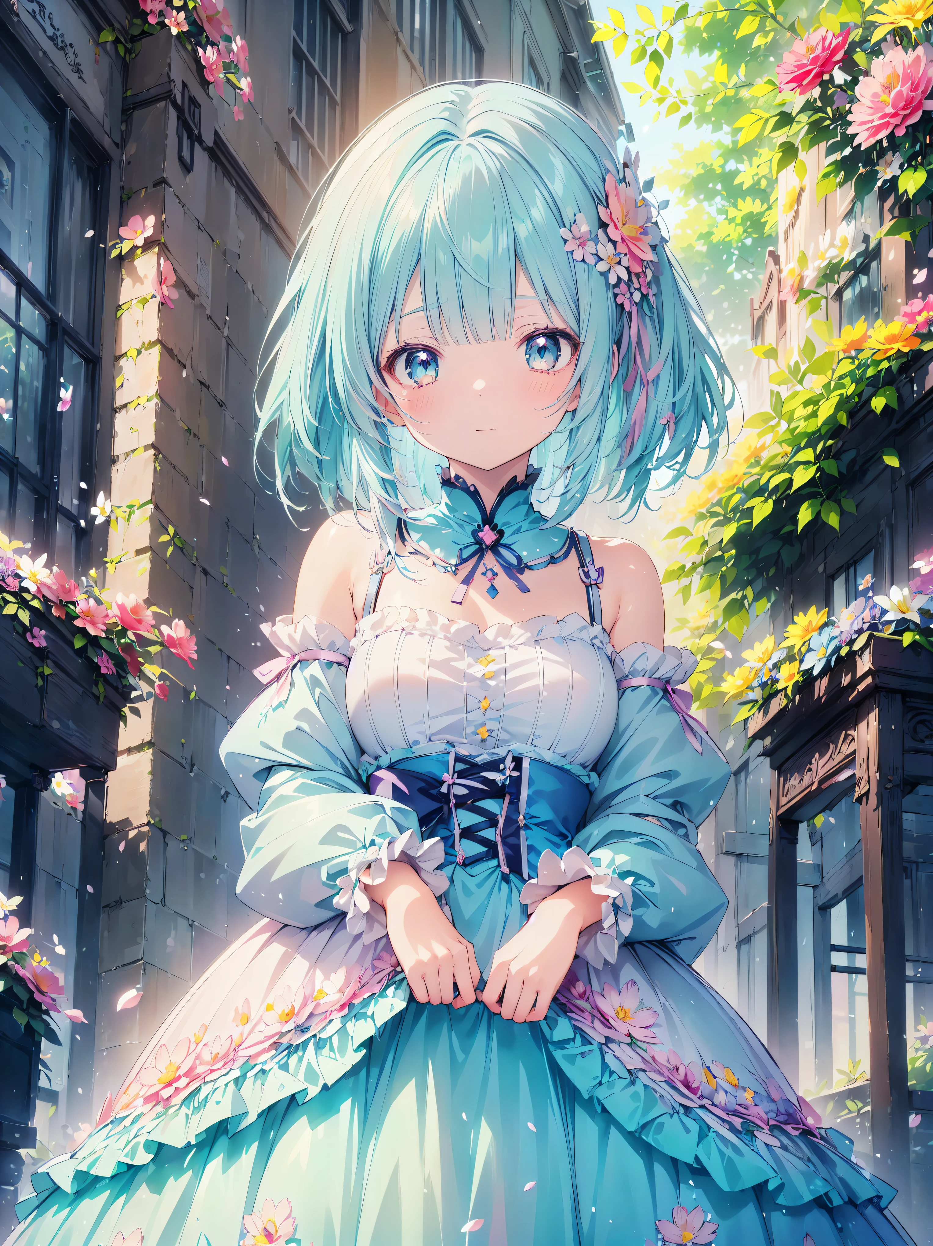 ((exquisite)), ((ultra detailed)), ((best quality)), Anime girl surrounded by flowers,  light blue hair, airy hair, (((A lot of colorful flowers))), cute顔, cute,  pastel color ,  Gothic Dress, caustics, super detailed skin, (anime moe art style:1.3),