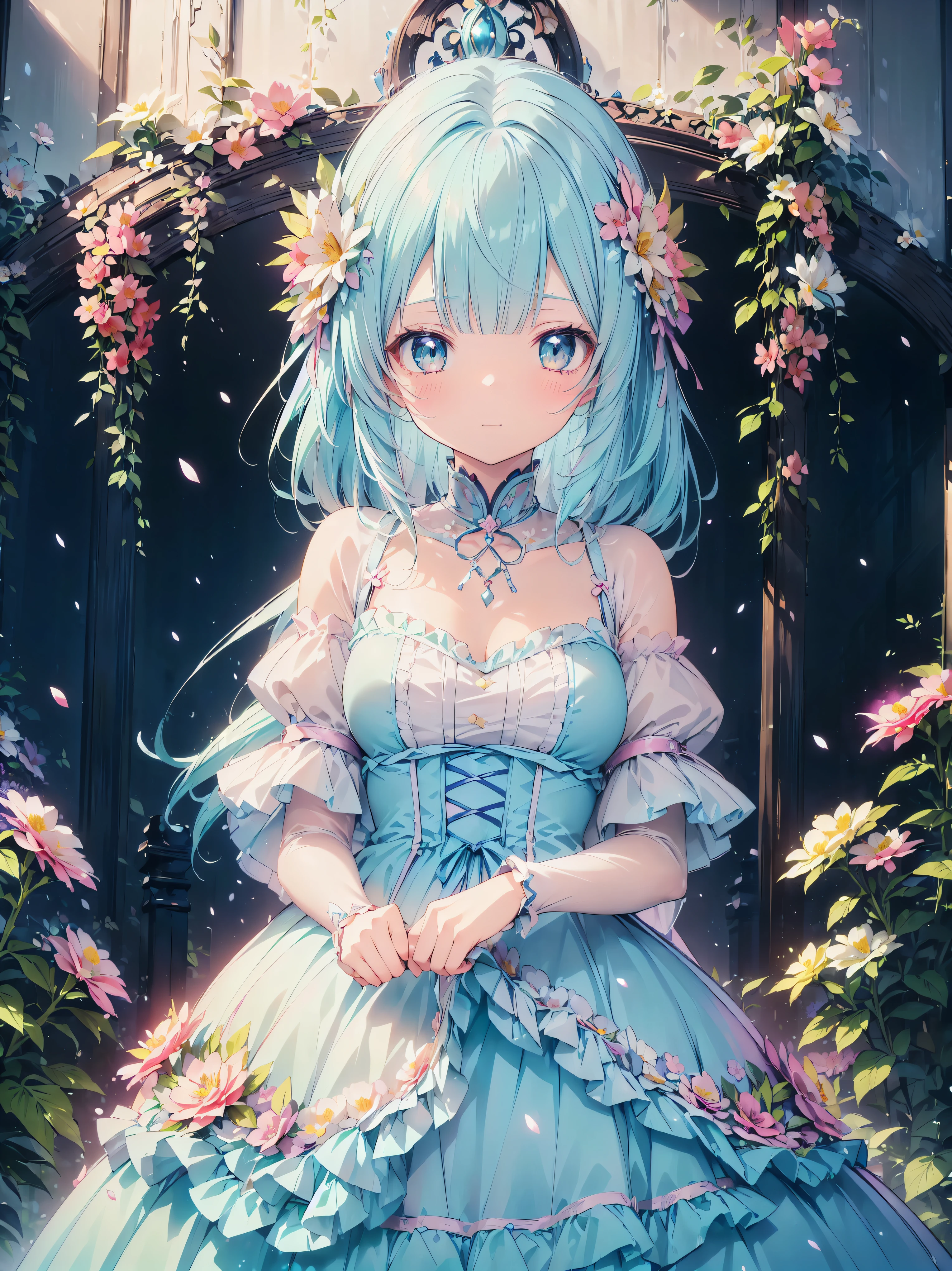 ((exquisite)), ((ultra detailed)), ((best quality)), Anime girl surrounded by flowers,  light blue hair, airy hair, (((A lot of colorful flowers))), cute顔, cute,  pastel color ,  Gothic Dress, caustics, super detailed skin, (anime moe art style:1.3),