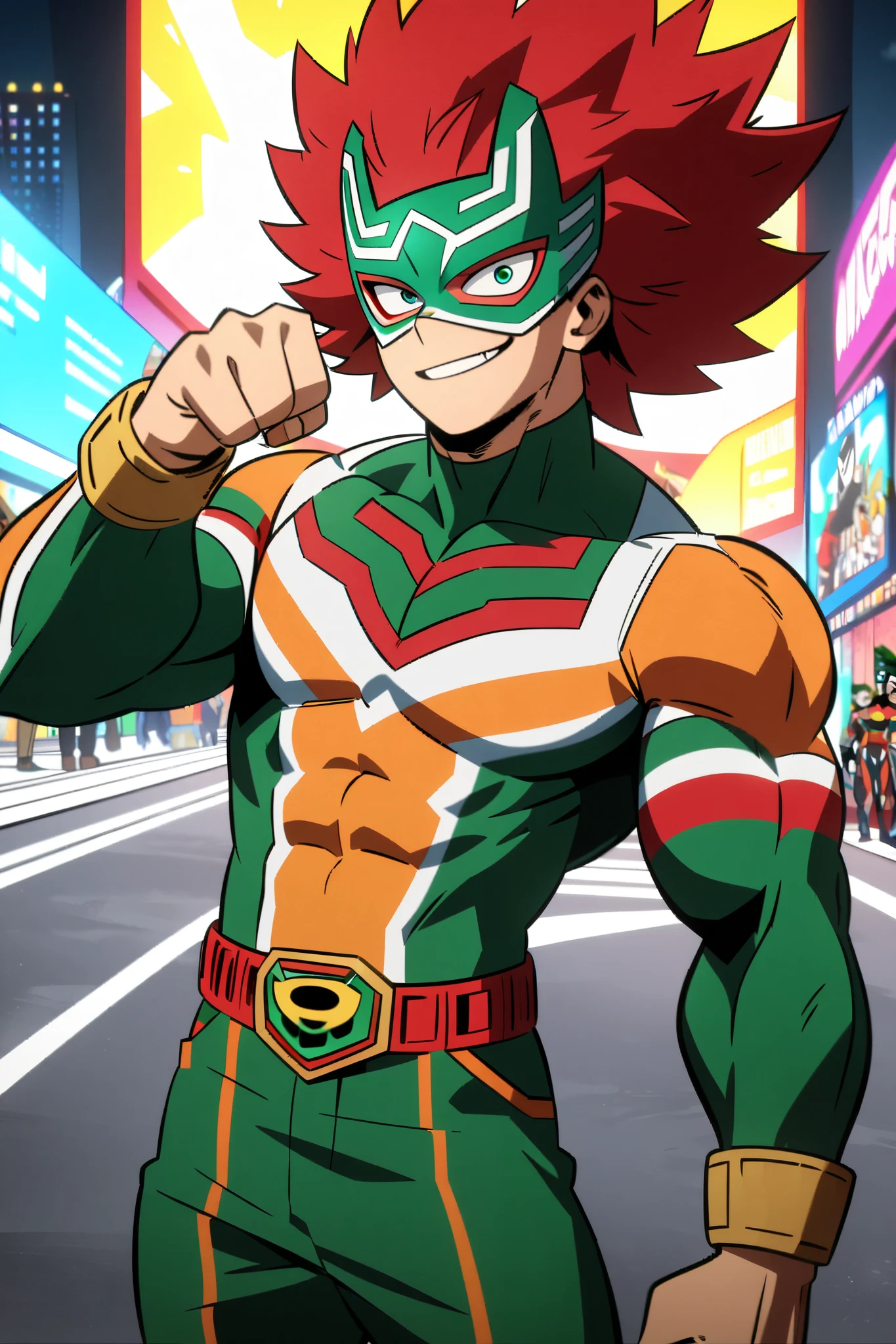 1boy, sexy, 1man, 25-years-old, MEXICAN—MASKED-HERO, Muscular, Mexico themed pro hero, male, Mexico themed hero costume, Mexico themed mask but showing mouth, superhero pose, mischievous smirk, blooming city avenue background, detailed lighting, colorfull.

As My Hero Academia character, MHA style, anime style, my hero academia, boku no hero academia, animated. Anime, Best Quality, Masterpiece, High Resolution, 4K, perfect body, perfect eyes, perfect eyes, Full Quality, colorfull, Looking at viewer, Anime, Anime Style, High Resolution.