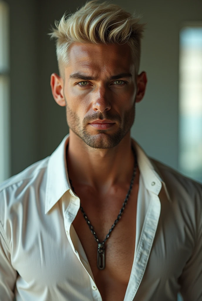 An intimate photograph of a masculine man with a flawless face, short messy white hair, short stubble, full body captured using a cinematic 50mm lens and bathed in natural light. Emphasize his broad shoulders and shirtless. and depict him as handsome and muscular. professional photoshoot, masterpiece