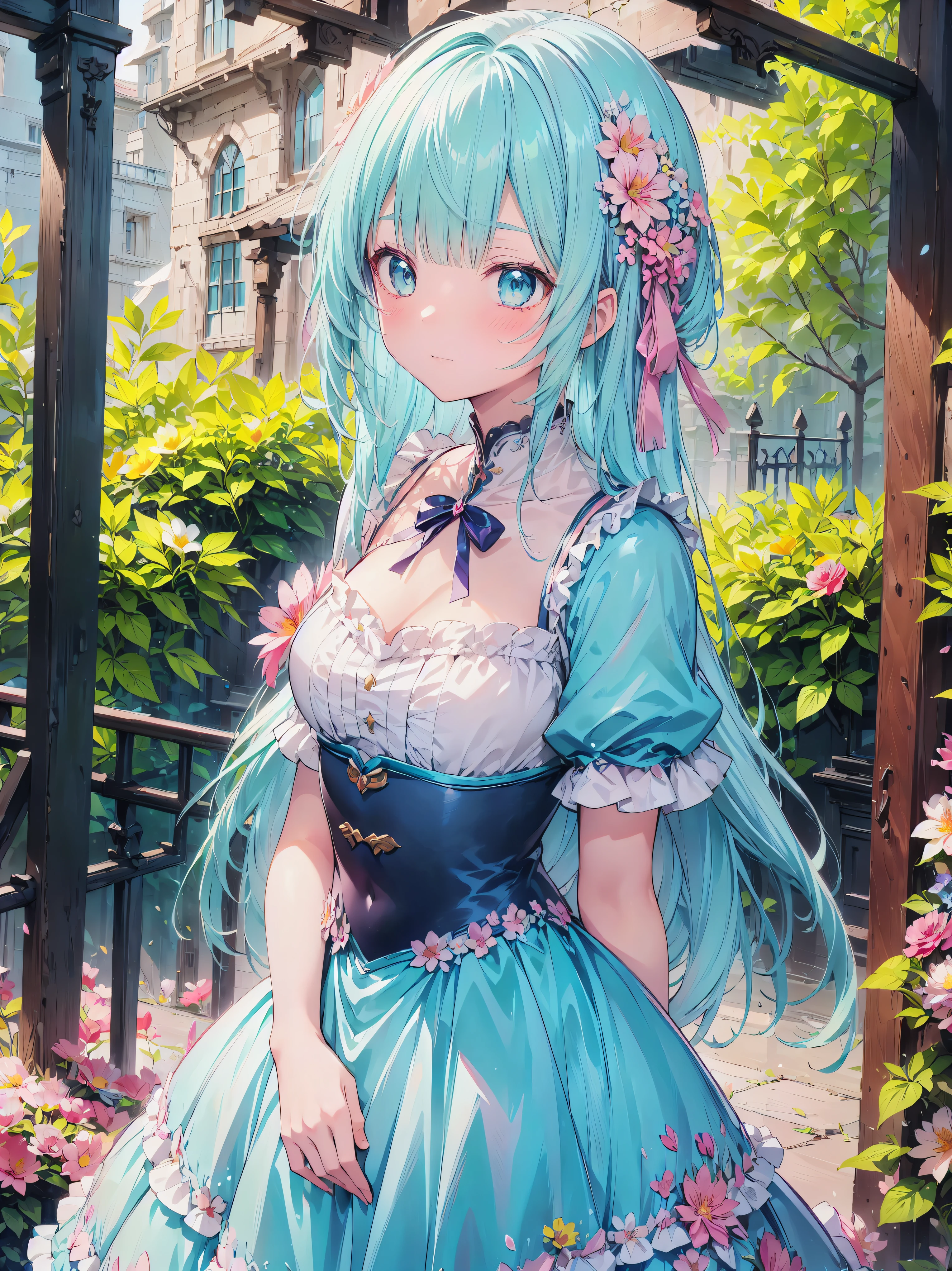 ((exquisite)), ((ultra detailed)), ((best quality)), Anime girl surrounded by flowers,  light blue hair, airy hair, (((A lot of colorful flowers))), cute顔, cute,  pastel color ,  Gothic Dress, caustics, super detailed skin, (anime moe art style:1.3),