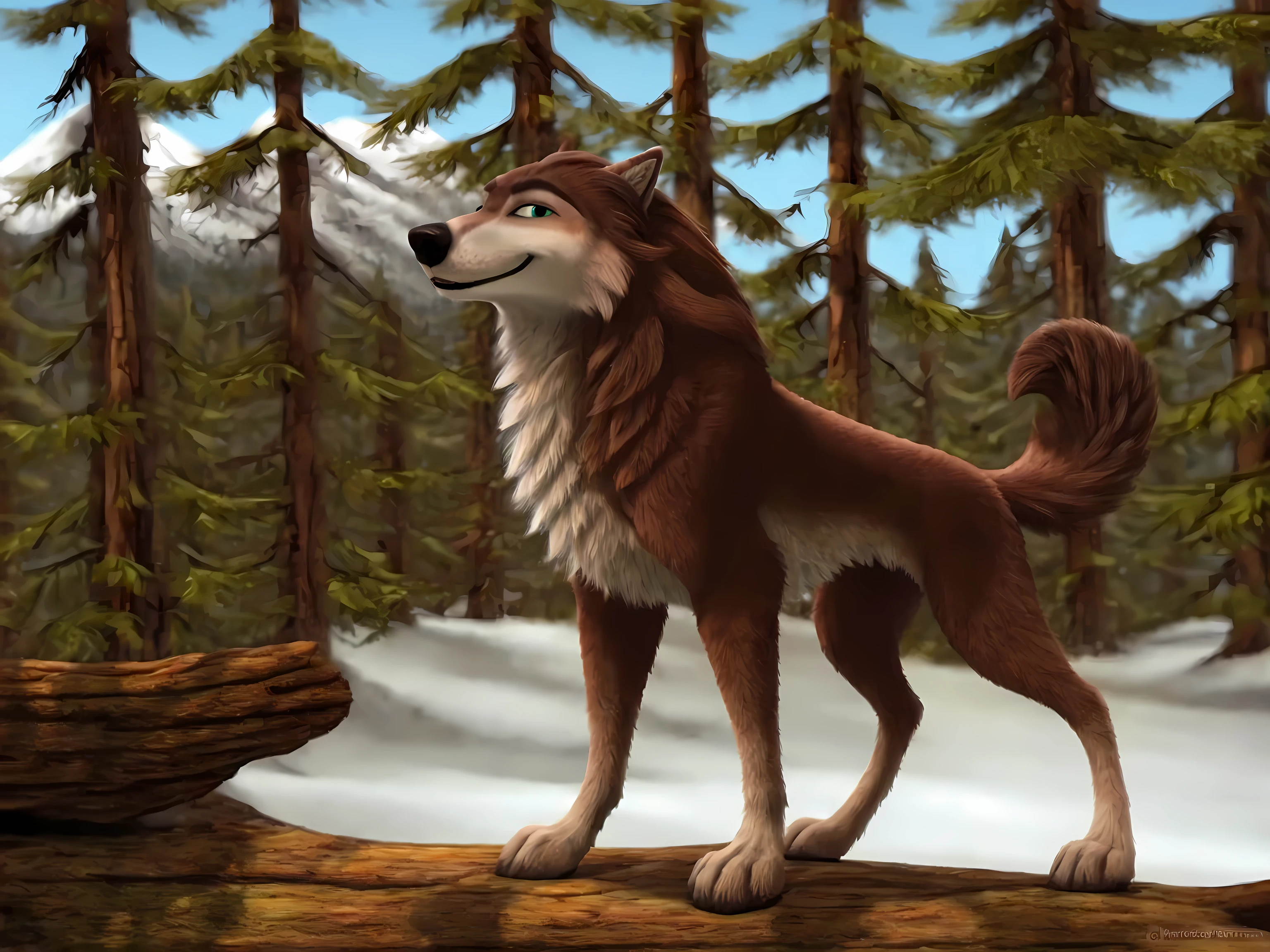 Garth, detailed fur, male, feral, feral body, snow forest, day, posing, confident, raised head, slight smile, proud, wolf, puffed chest, full body, blurry background, muscular,