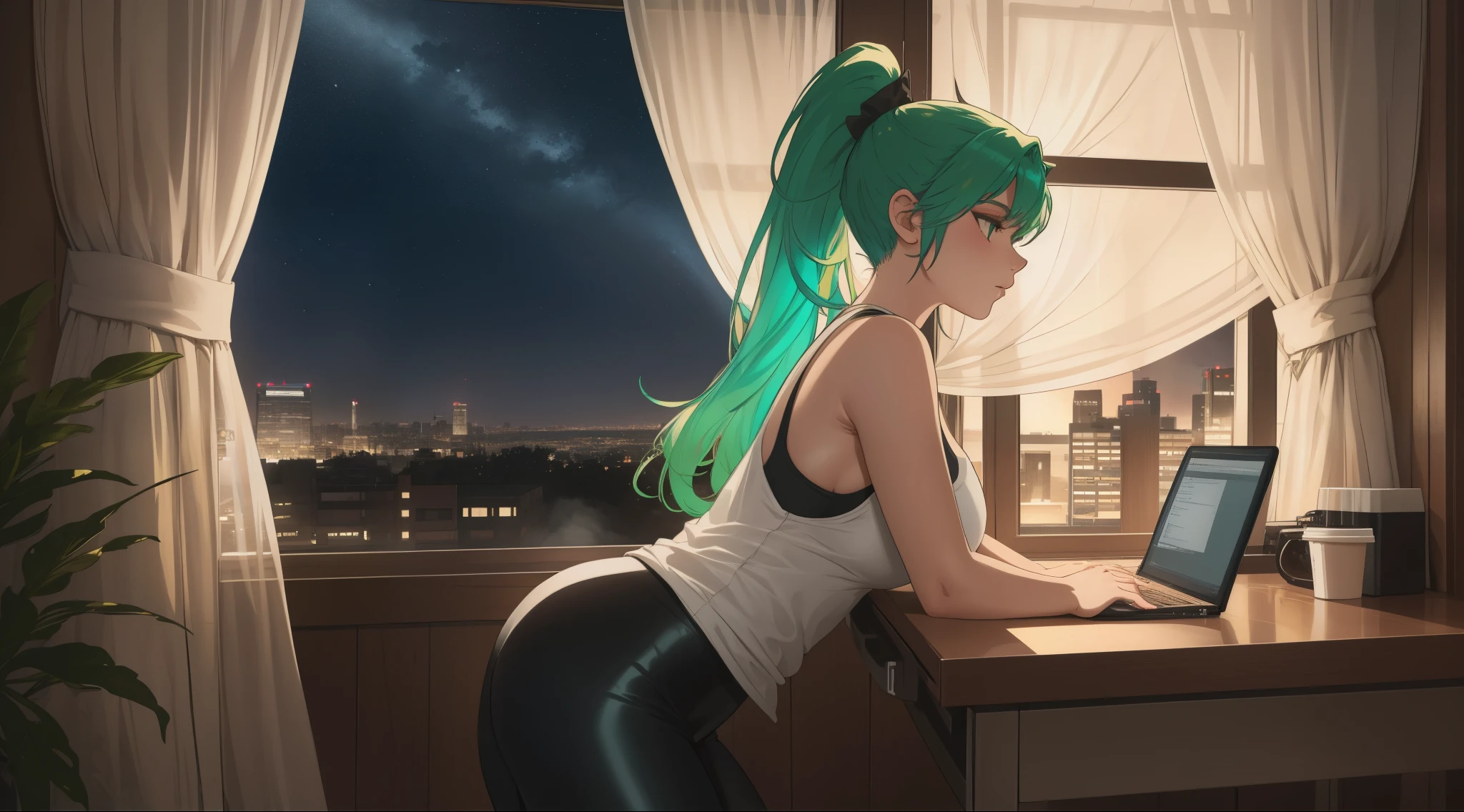 "A young woman with green hair tied in a ponytail is sitting in front of a computer screen, deeply focused on coding. The camera angle captures her from the side, showcasing her white tank top and black leggings. The desk is tidy, holding a steaming cup of coffee next to the keyboard. The background reveals a large window with a nighttime cityscape, illuminated by a soft moonlight glow and scattered stars. A slight breeze flows through the sheer curtains, adding movement to the scene. The room's warm lighting contrasts beautifully with the cool tones of the night outside. Her posture is relaxed yet engaged, highlighting her dedication to her work."
