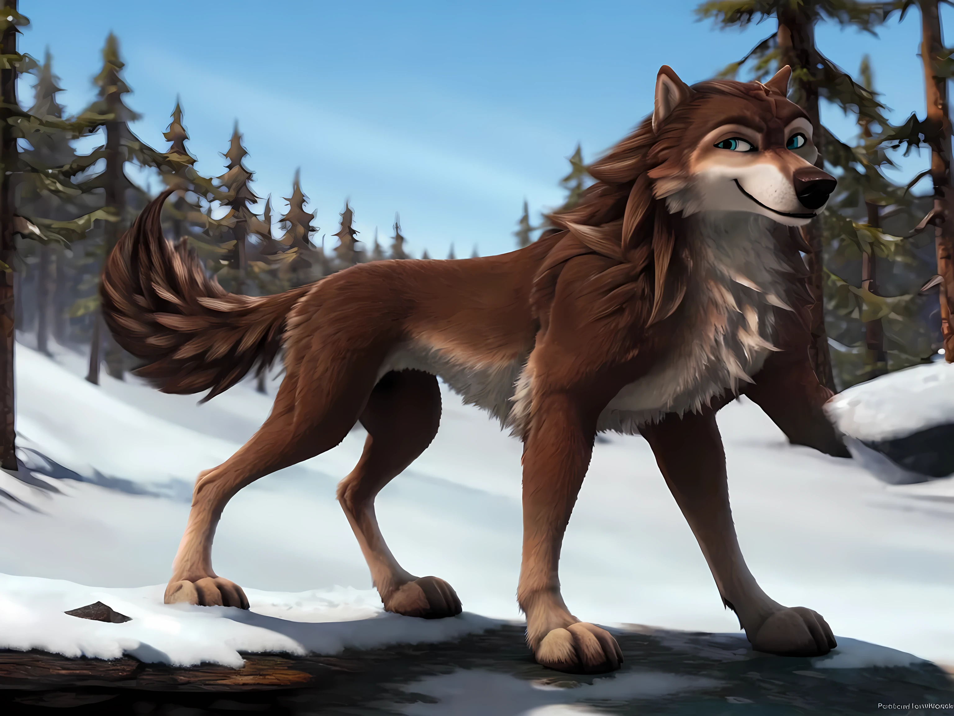 Garth, detailed fur, male, feral, feral body, snow forest, day, posing, confident, raised head, subtle smile, proud, wolf, puffed chest, full body, muscular, blurry background, muscular forelegs, muscular hindlegs, big paws