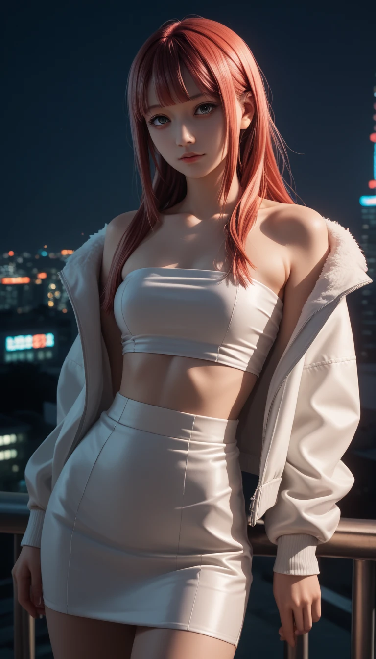 pretty japanese girl,           medium breasts, with healthy appearance ,  The expression would be        ,       tight clothing  , Bold pose, ,              high quality, 8k,                realistic photo             ,               dramatic lighting         ,                vivid colors               ,(               masterpiece               ,              main quality              ,  :1.2),  (         Tokyo scene illuminated at night        ), (Alone:1.4), (                 Elegant and cool              ),                Bright neon details                :1.3), (    :1.1) ,                 Confident and relaxed poses                  :1.3)   , (               dynamic lighting               ,   Strong contrast, makima personagem de chainsawman,                   long hair   ,            light red hair ,     Hair tied to bring 2 locks in the front,   sexy clothes, short skirt ,Tube top,.   belly out ,. Cyberpunk neon open jacket,.