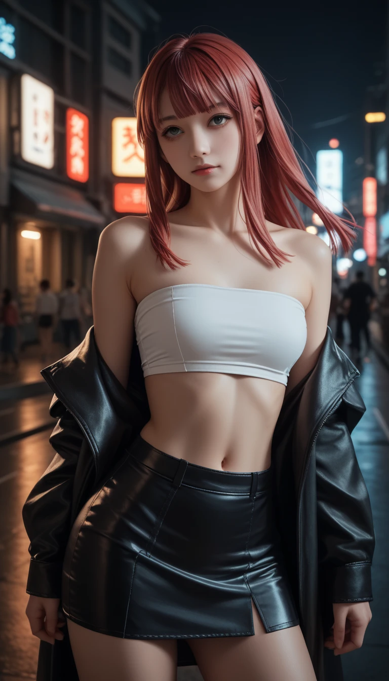 pretty japanese girl,           medium breasts, with healthy appearance ,  The expression would be        ,       tight clothing  , Bold pose, ,              high quality, 8k,                realistic photo             ,               dramatic lighting         ,                vivid colors               ,(               masterpiece               ,              main quality              ,  :1.2),  (         Tokyo scene illuminated at night        ), (Alone:1.4), (                 Elegant and cool              ),                Bright neon details                :1.3), (    :1.1) ,                 Confident and relaxed poses                  :1.3)   , (               dynamic lighting               ,   Strong contrast, makima personagem de chainsawman,                   long hair   ,            light red hair ,     Hair tied to bring 2 locks in the front,   sexy clothes, short skirt ,Tube top,.   belly out ,. Cyberpunk neon open jacket,.