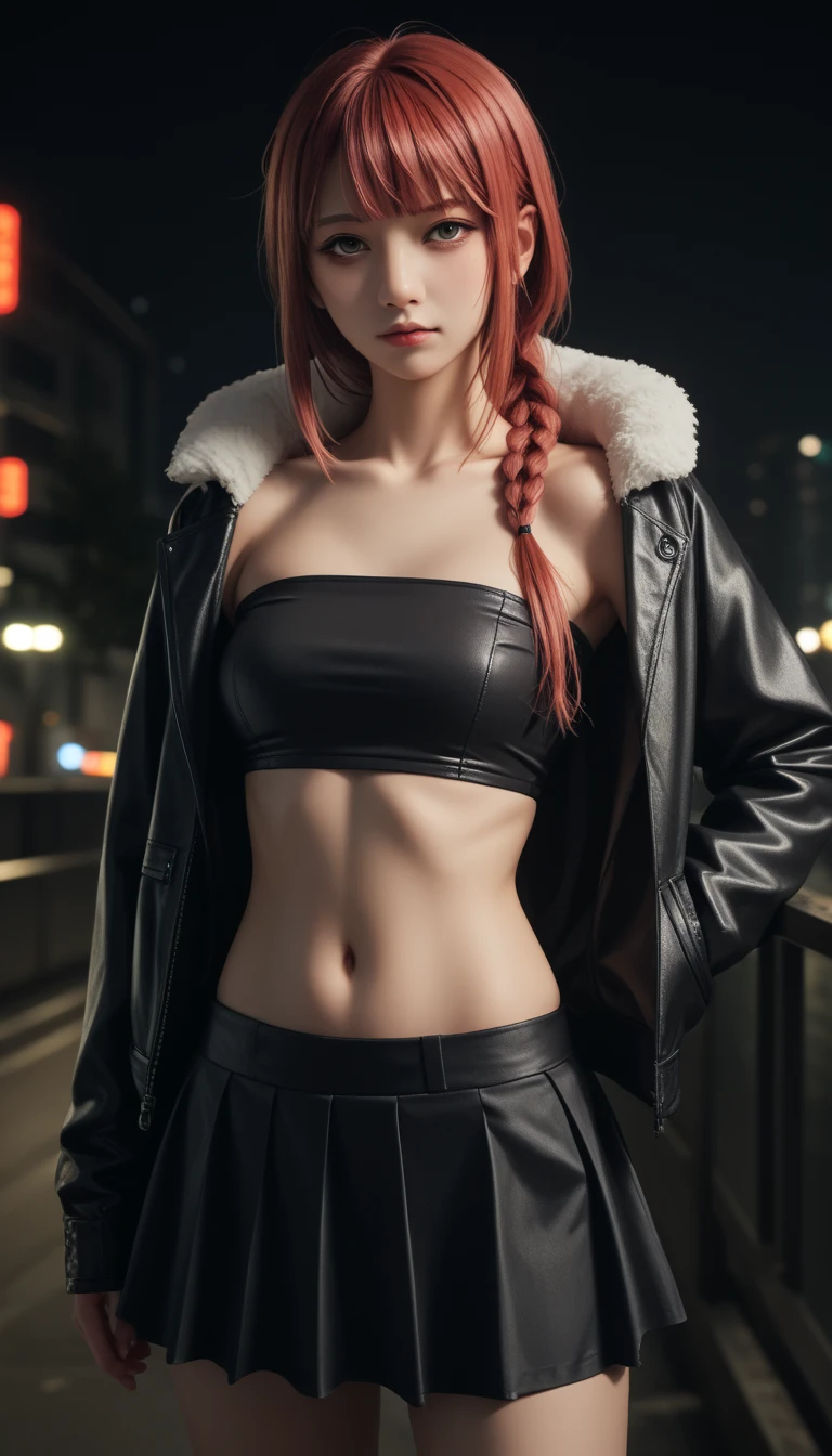 pretty japanese girl,           medium breasts, with healthy appearance ,  The expression would be        ,       tight clothing  , Bold pose, ,              high quality, 8k,                realistic photo             ,               dramatic lighting         ,                vivid colors               ,(               masterpiece               ,              main quality              ,  :1.2),  (         Tokyo scene illuminated at night        ), (Alone:1.4), (                 Elegant and cool              ),                Bright neon details                :1.3), (    :1.1) ,                 Confident and relaxed poses                  :1.3)   , (               dynamic lighting               ,   Strong contrast, makima personagem de chainsawman,                   long hair   ,            light red hair ,     Hair tied to bring 2 locks in the front,   sexy clothes, short skirt ,Tube top,.   belly out ,. Cyberpunk neon open jacket,.