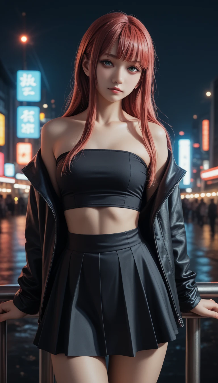 pretty japanese girl,           medium breasts, with healthy appearance ,  The expression would be        ,       tight clothing  , Bold pose, ,              high quality, 8k,                realistic photo             ,               dramatic lighting         ,                vivid colors               ,(               masterpiece               ,              main quality              ,  :1.2),  (         Tokyo scene illuminated at night        ), (Alone:1.4), (                 Elegant and cool              ),                Bright neon details                :1.3), (    :1.1) ,                 Confident and relaxed poses                  :1.3)   , (               dynamic lighting               ,   Strong contrast, makima personagem de chainsawman,                   long hair   ,            light red hair ,     Hair tied to bring 2 locks in the front,   sexy clothes, short skirt ,Tube top,.   belly out ,. Cyberpunk neon open jacket,.