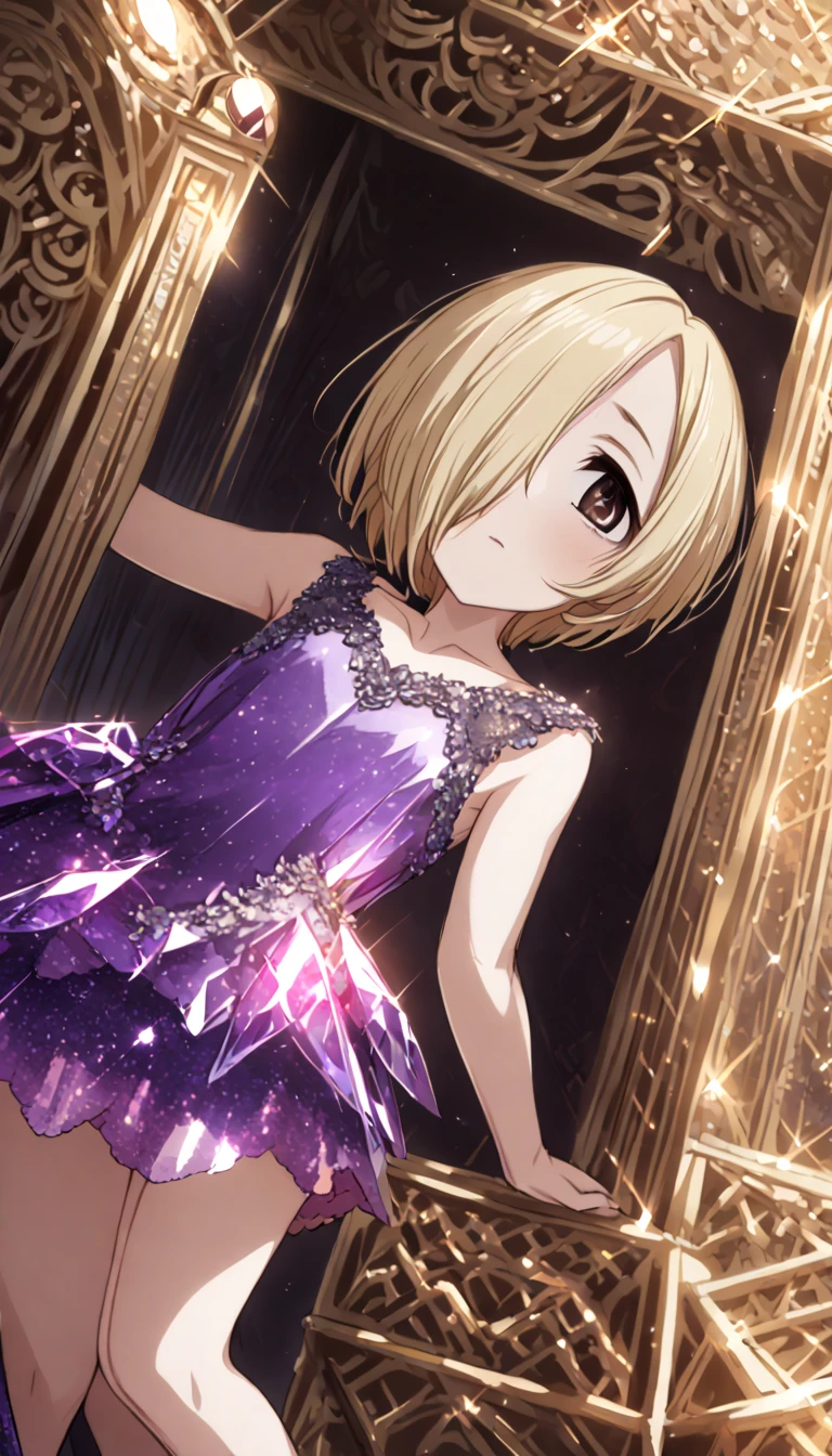  One girl ,,amethyst crystal dress,((Blonde,  and my bangs are hanging over my eyes,  short hair,  brown eyes ,  flat chest, small butt,Hair on one eye, (Hide one eye),, right eye is hidden))

