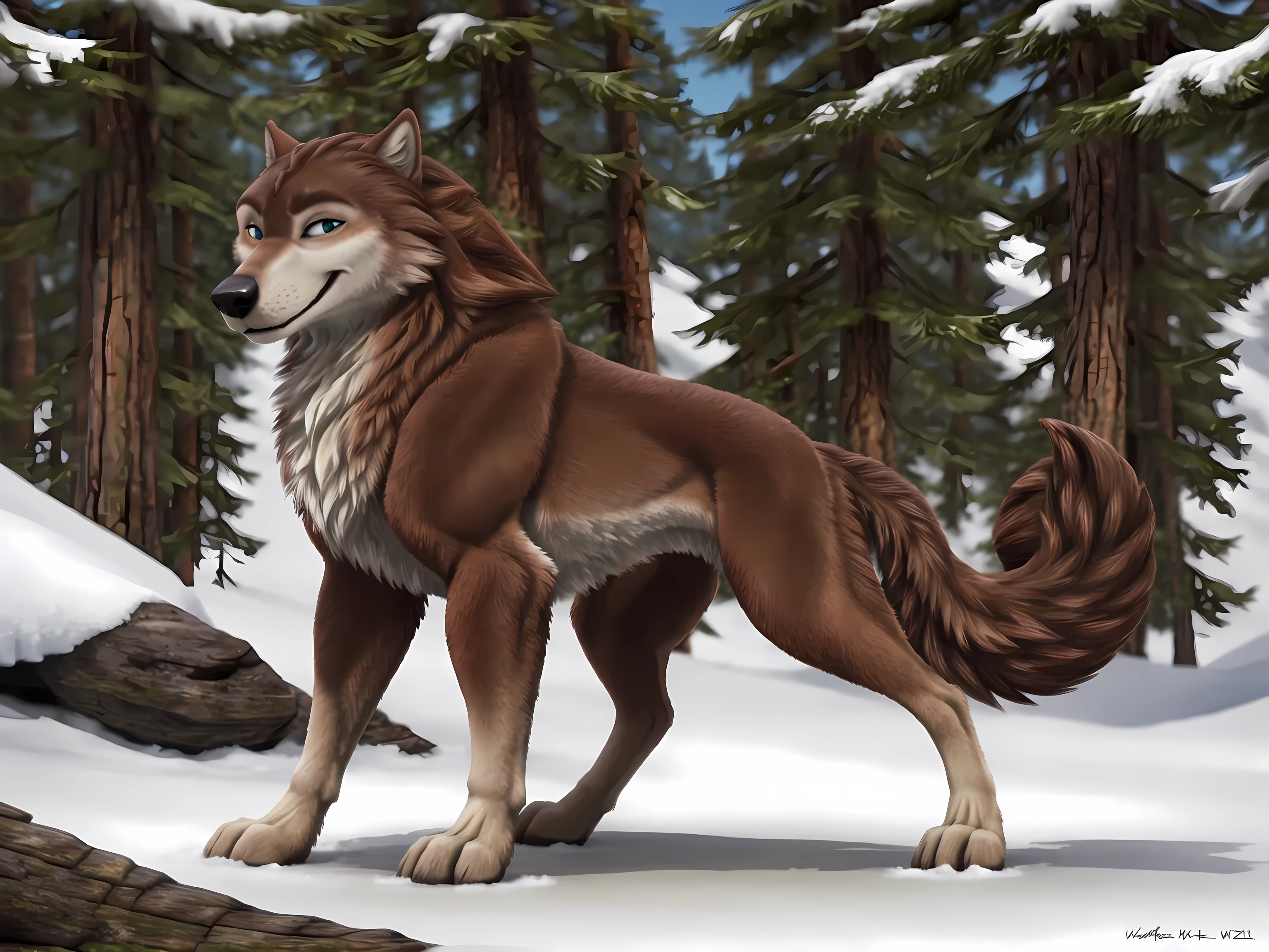 source_anime, cel shaded:1.1, by wfa, Garth, detailed fur, male, feral, feral body, snow forest, day, posing, confident, raised head, subtle smile, proud, wolf, puffed chest, full body, strong body, blurry background, detailed eyes