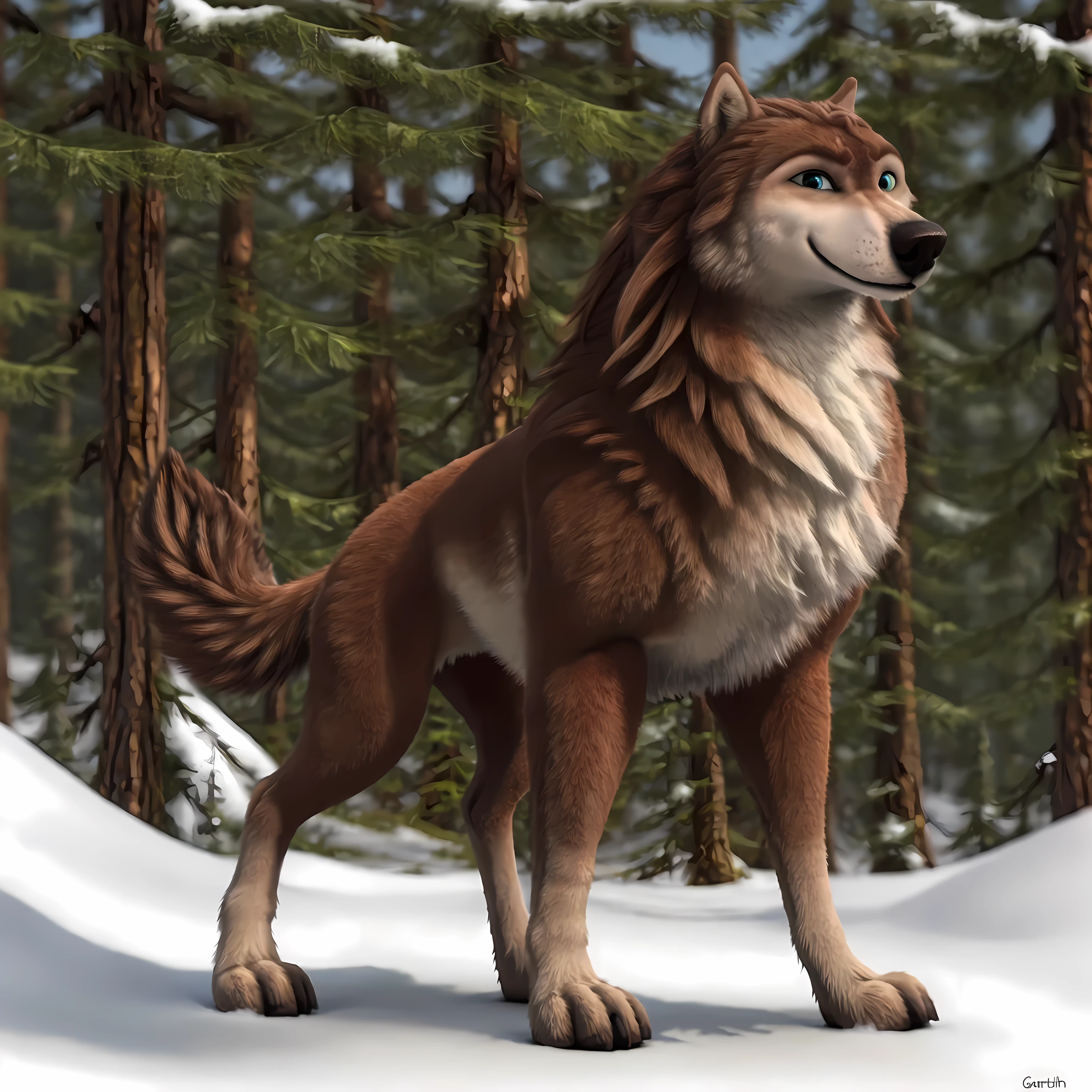 Garth, detailed fur, male, feral, feral body, snow forest, day, posing, confident, raised head, subtle smile, proud, wolf, puffed chest, full body, strong body, blurry background:1.2, detailed eyes