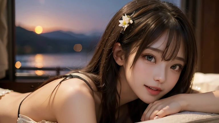  top quality, masterpiece, extremely   Detailsed,   Detailsed background,   1 girl,    beautiful eyes ,   young girl,    long haired girl  ,   expressive faces  , 神戸のwind景, Premium Passenger Ship、  outdoors on the street at night,Port Tower、 sunset,   beautiful ocean, Beautiful Harbor  、 scenery, Horizontal line , wind,   petals, spring,  Across the tub ,  atmospheric lighting, reflection,    Naturalism  ,   Details,   realism .   Relaxation, Beauty,   single focus ,  close, from side,  teeth , Bokeh